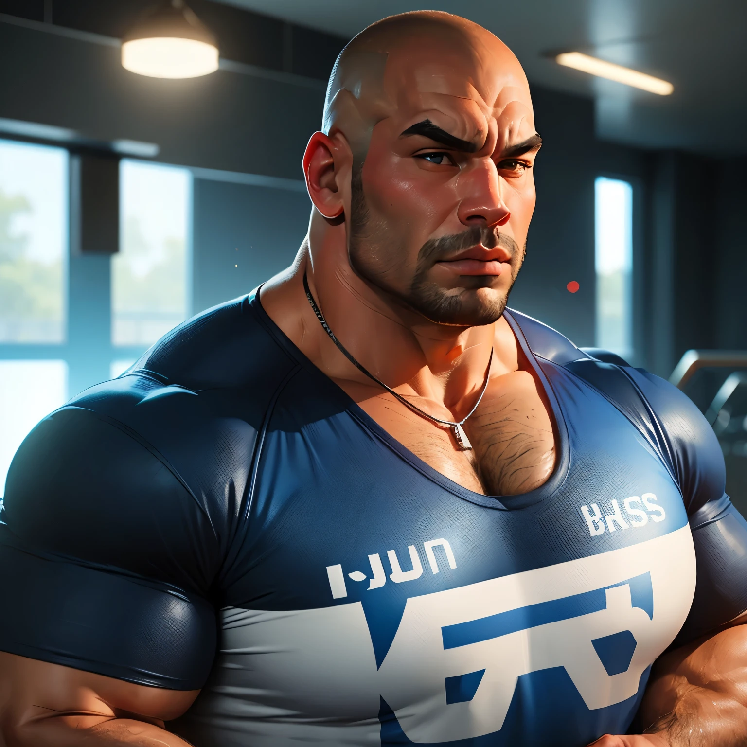 an exaggeratedly muscular and large bald bodyguard, beefy build, mixed race, (wearing blue sports jersey: 1.2), whistle necklace, (bara pecs: 1.3), (arm and chest hair: 1.1), close-up portrait HD, indoor pool background