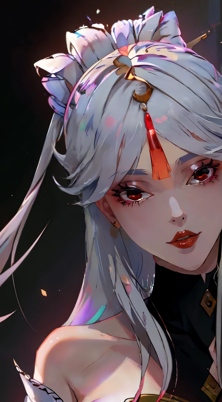 (extremely detailed CG unity 8k wallpaper,masterpiece, best quality, ultra-detailed),(best illumination, best shadow, an extremely delicate and beautiful), floating, high saturation,
dynamic angle, ((1girl)), gorgeous, ningguang \(genshin impact\),
white hair, red eyes, very long hair,  hair ornament, bangs