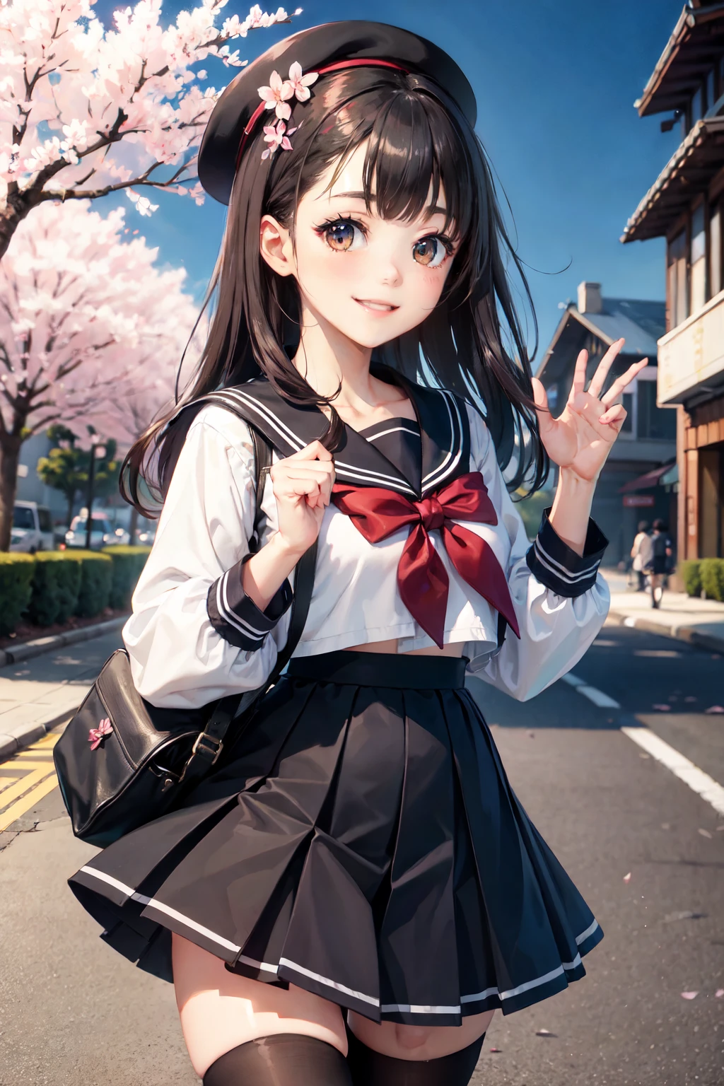 highest quality、cinematic lighting、street tree、Cherry blossom trees、high school girl、black sailor uniform、smile、raise one hand、