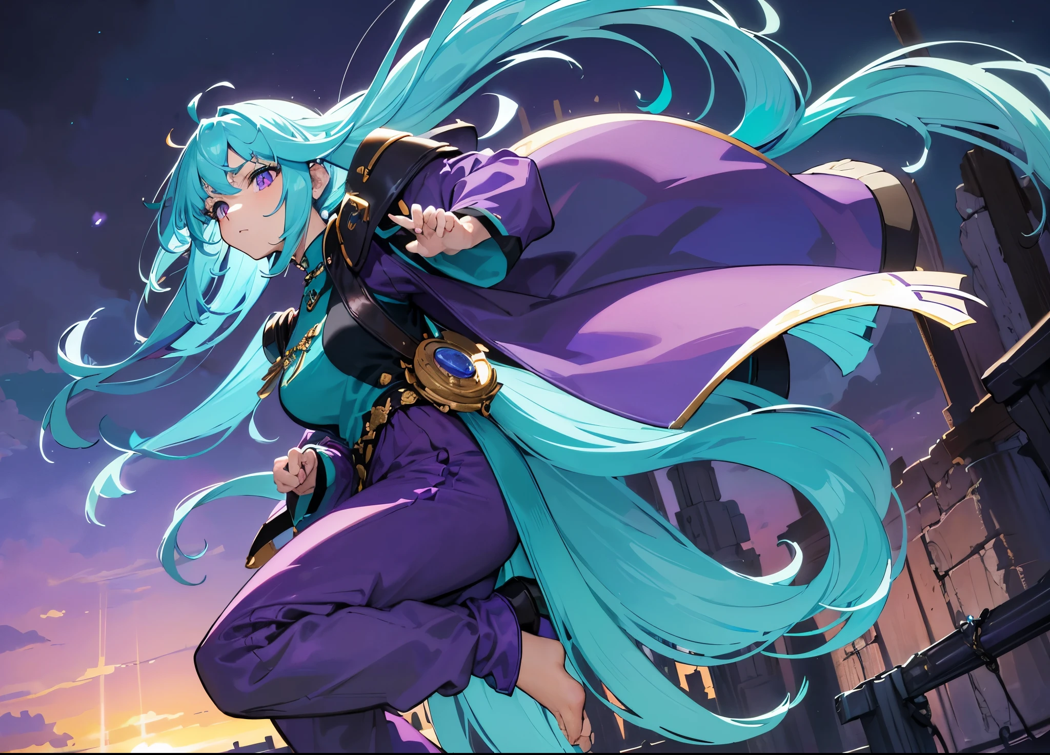 Masterpiece. High-resolution. (1girl) about 20 years old. Pretty beautiful girl. Standing pose. Imposing. Pretty big purple eyes. Delicate face. ((Long light blue hair)). Straight hair. Messy hair. Hair bangs. Hair blowing in the wind. ((Turquoise tunic)). ((Purple tide pants)). Leather boots. Greek ruins background with cosmic skies.