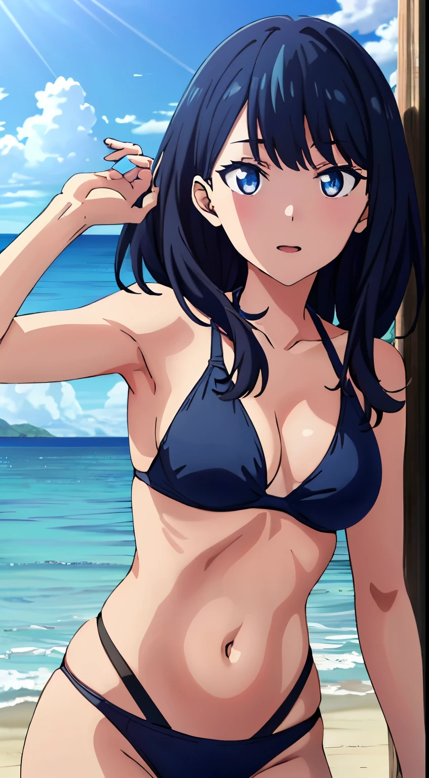 masterpiece, highest quality, High resolution,takarada rikka,1 girl, black hair,blue eyes,(swimsuit,beach),stylish pose,looking at the viewer,in the center of the image, (lively_color:1.2) (beautiful_medium breasts:1.3), (beautiful_face:1.4),(slim_waist),
