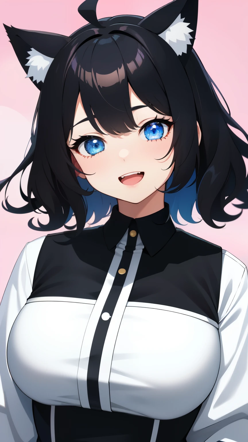 looking at the viewer, 1 girl, smile, Open mouth、Virtual YouTuber、with a girl、((highest quality, expensive_solve, clear_image)),(black hair), (black cat ears), (Ahoge), (ridiculously short hair), (wavy hair), (blue eyes),、Sorry face、very big breasts、