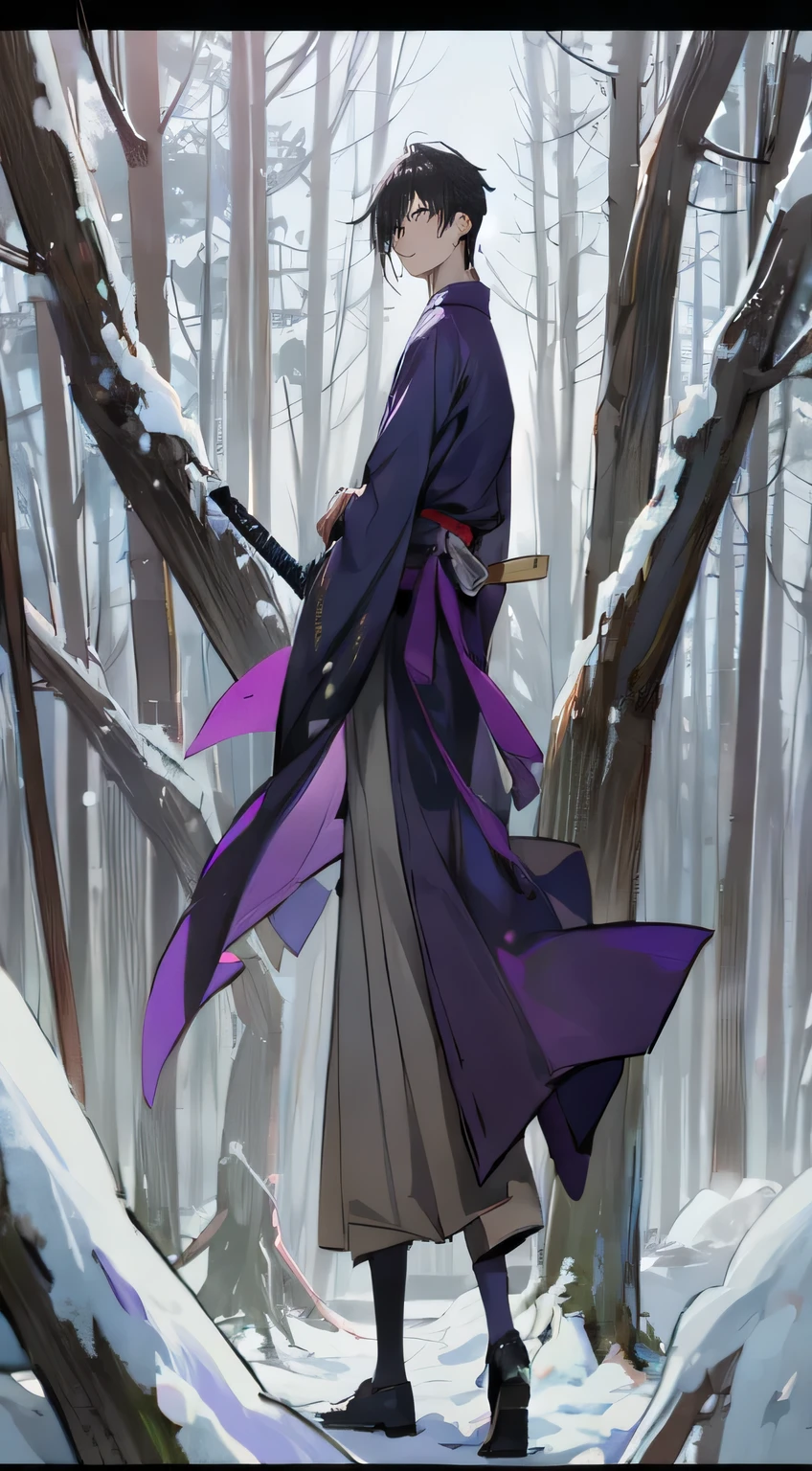 anime character with purple coat walking through snowy forest area, hijikata toushirou de gintama, inspirado em Okumura Masanobu, inspired by Uragami Gyokudō, estilo de anime de rolagem ninja, hijikata toushirou, inspirado em Kanō Hōgai, de Kenshin, anime exuberante john 8k madeiras