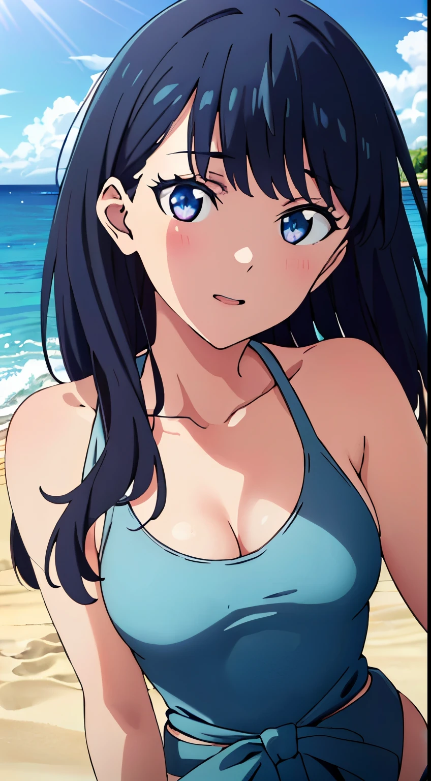 masterpiece, highest quality, High resolution,takarada rikka,1 girl, black hair,blue eyes,(swimsuit,beach),stylish pose,looking at the viewer,in the center of the image, (lively_color:1.2) (beautiful_medium breasts:1.3), (beautiful_face:1.4),(slim_waist),
