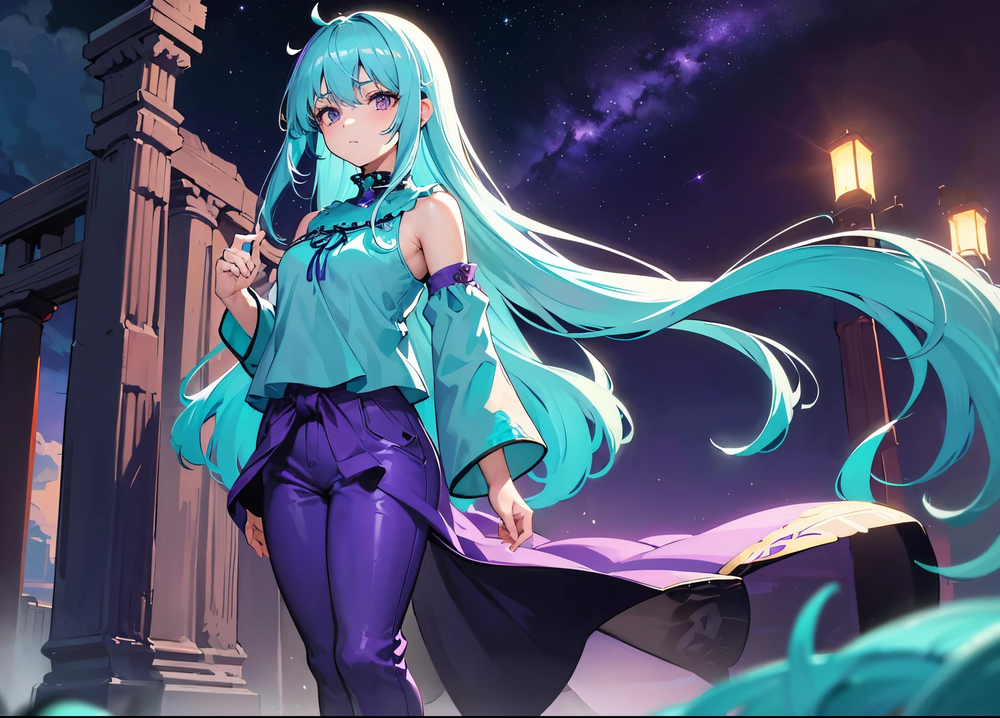 Masterpiece. High-resolution. (1girl) about 20 years old. Pretty beautiful girl. Standing pose. Imposing. Pretty big purple eyes. Delicate face. ((Long light blue hair)). Straight hair. Messy hair. Hair bangs. Hair blowing in the wind. ((Turquoise tunic)). ((Purple tide pants)). Leather boots. Pagode background with cosmic skies.