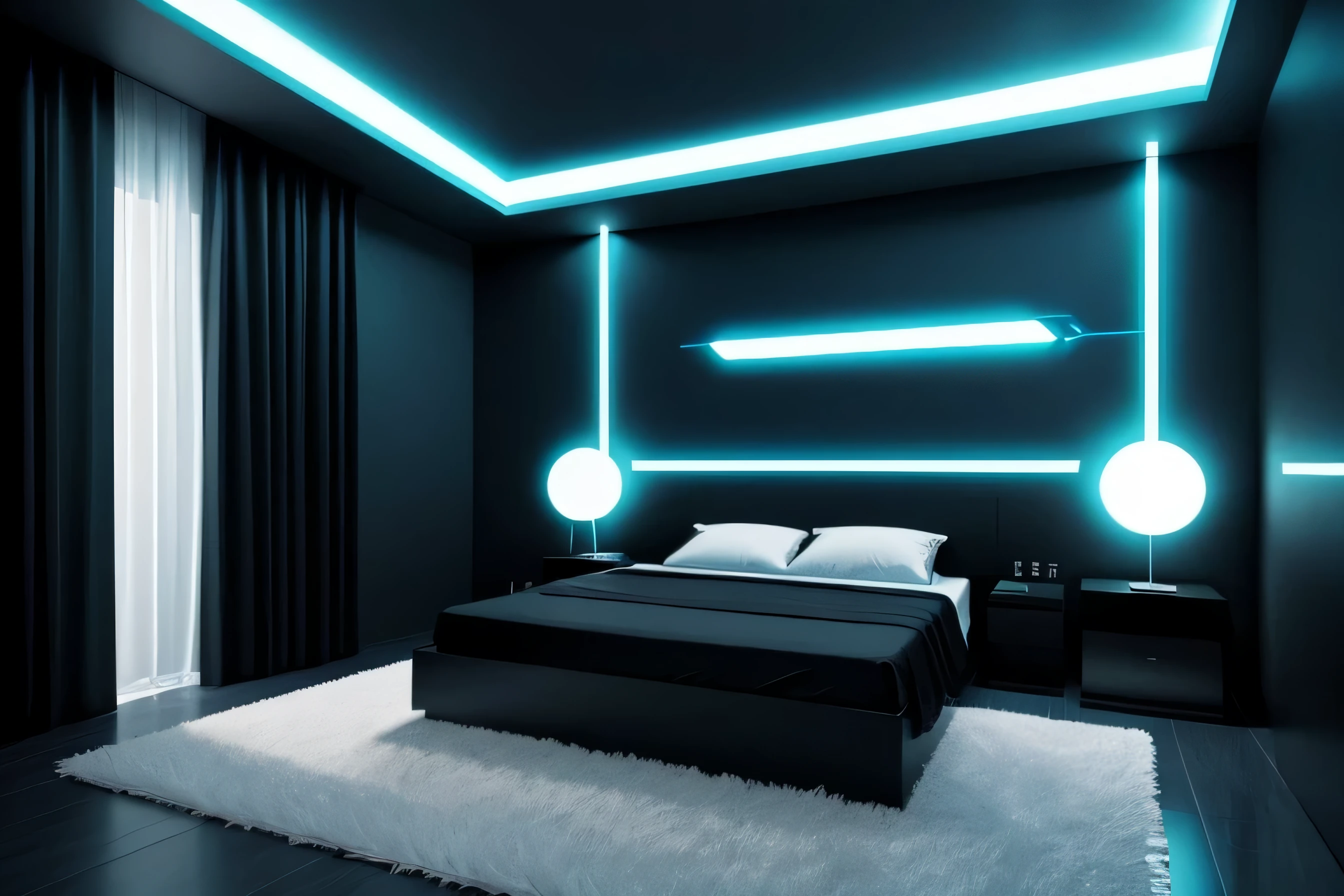 Quarto grande futurista minimalista, cores escuras, dark, future, tron style, grande janela