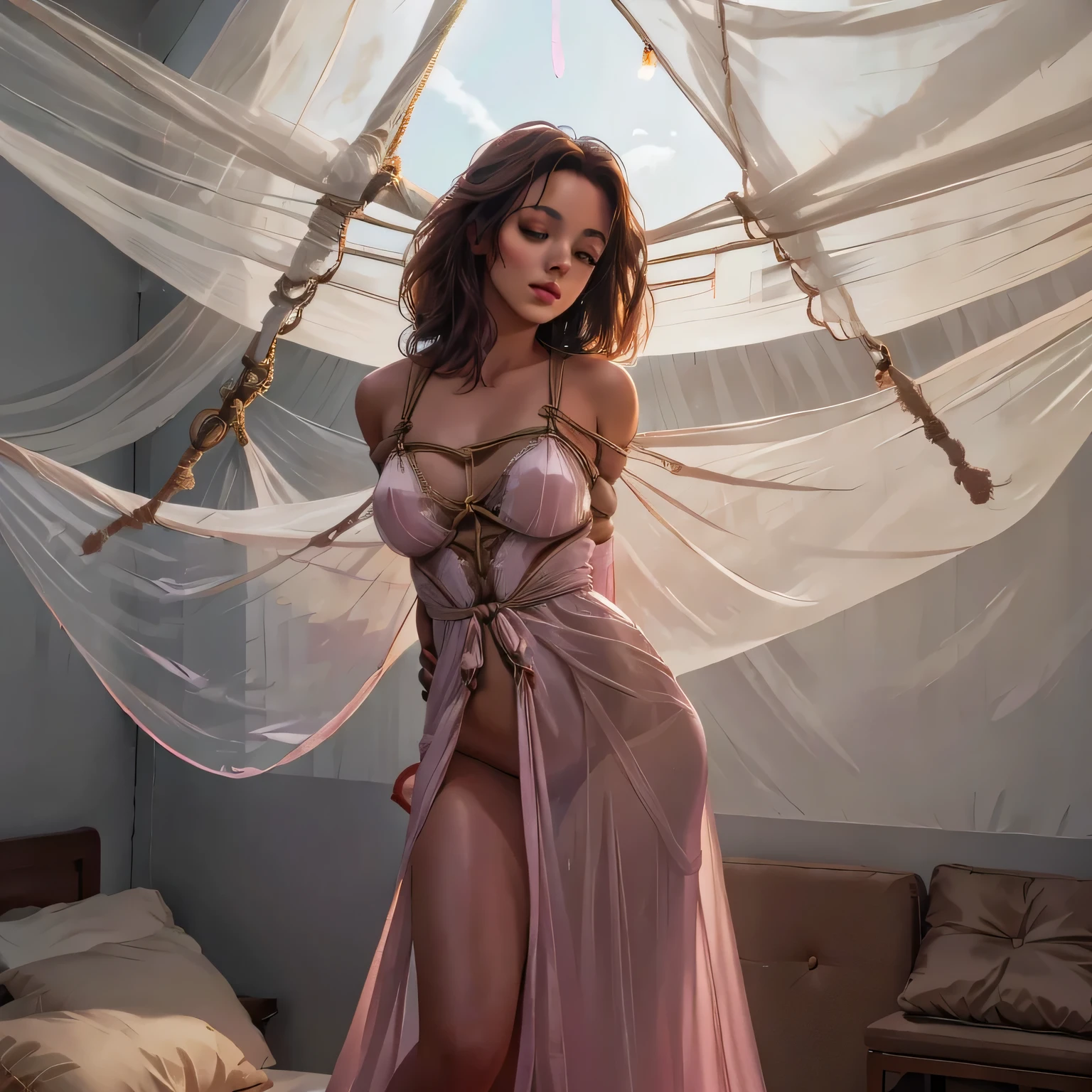 1girl,(bright lighting,romantic setting),dreamy background,,dark hair, mesmerizing gaze, , soft skin, alluring beauty, artistic portrait, high-quality image, vibrant colors,translucent long silk gown, mosquito net, romantic bedroom, sidesuspension,solobound