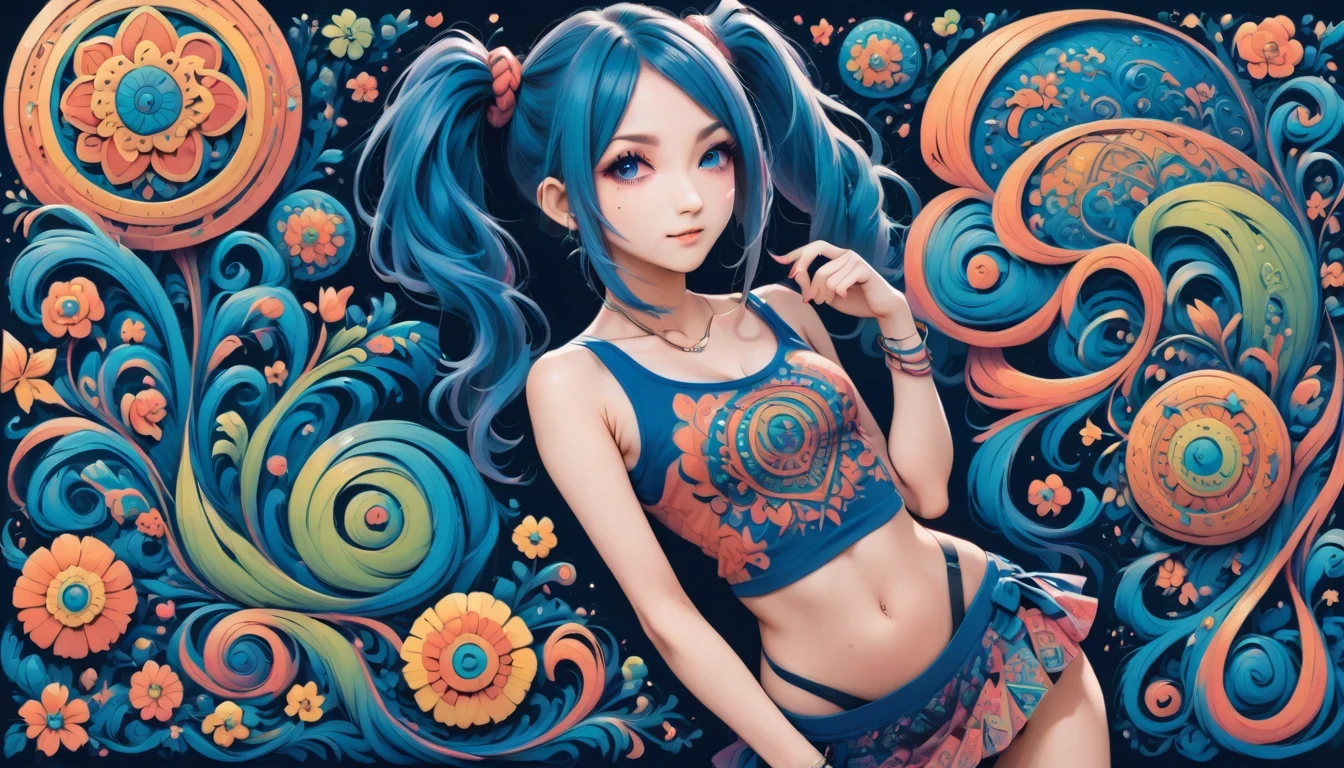 aisha hanabi, blue hair, side pigtails, mole under eye, flat chested, magicl background, flowers, zentangle and origami style background, colorful, tank top and mini skirt