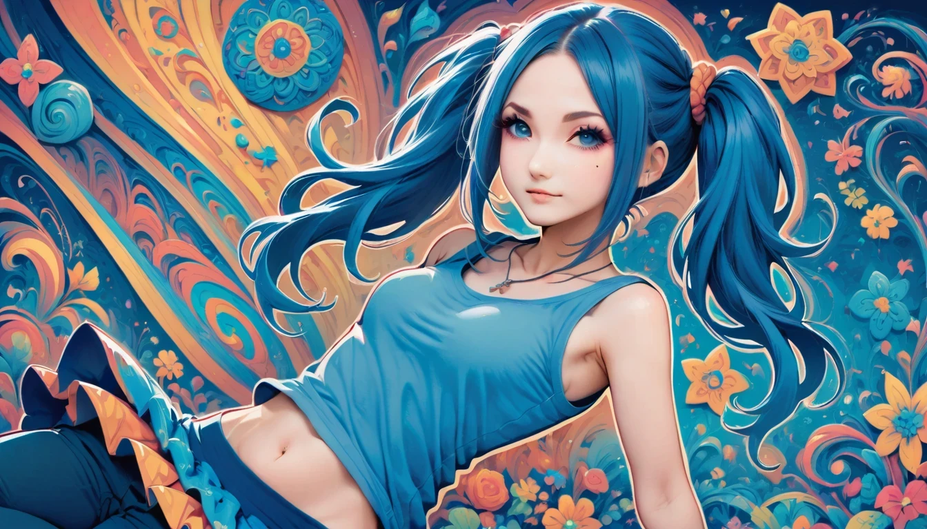 aisha hanabi, blue hair, side pigtails, mole under eye, flat chested, magicl background, flowers, zentangle and origami style background, colorful, tank top and mini skirt
