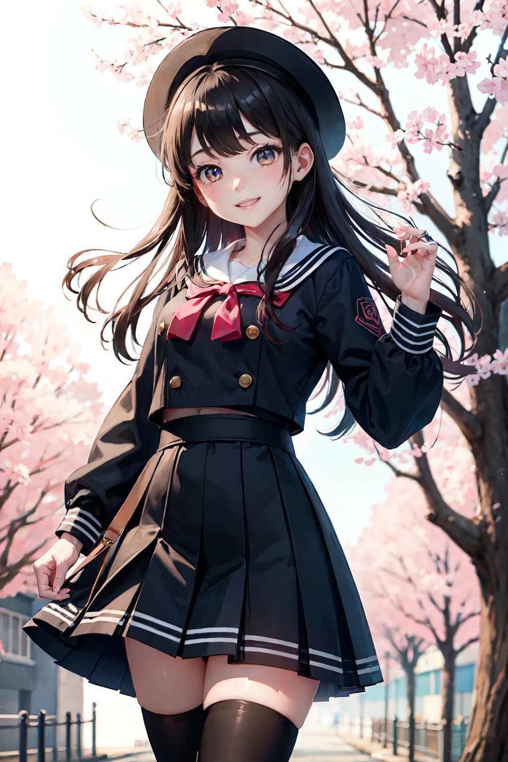 highest quality、cinematic lighting、street tree、Cherry blossom trees、high school girl、black sailor uniform、smile、raise one hand、photo taken from below、