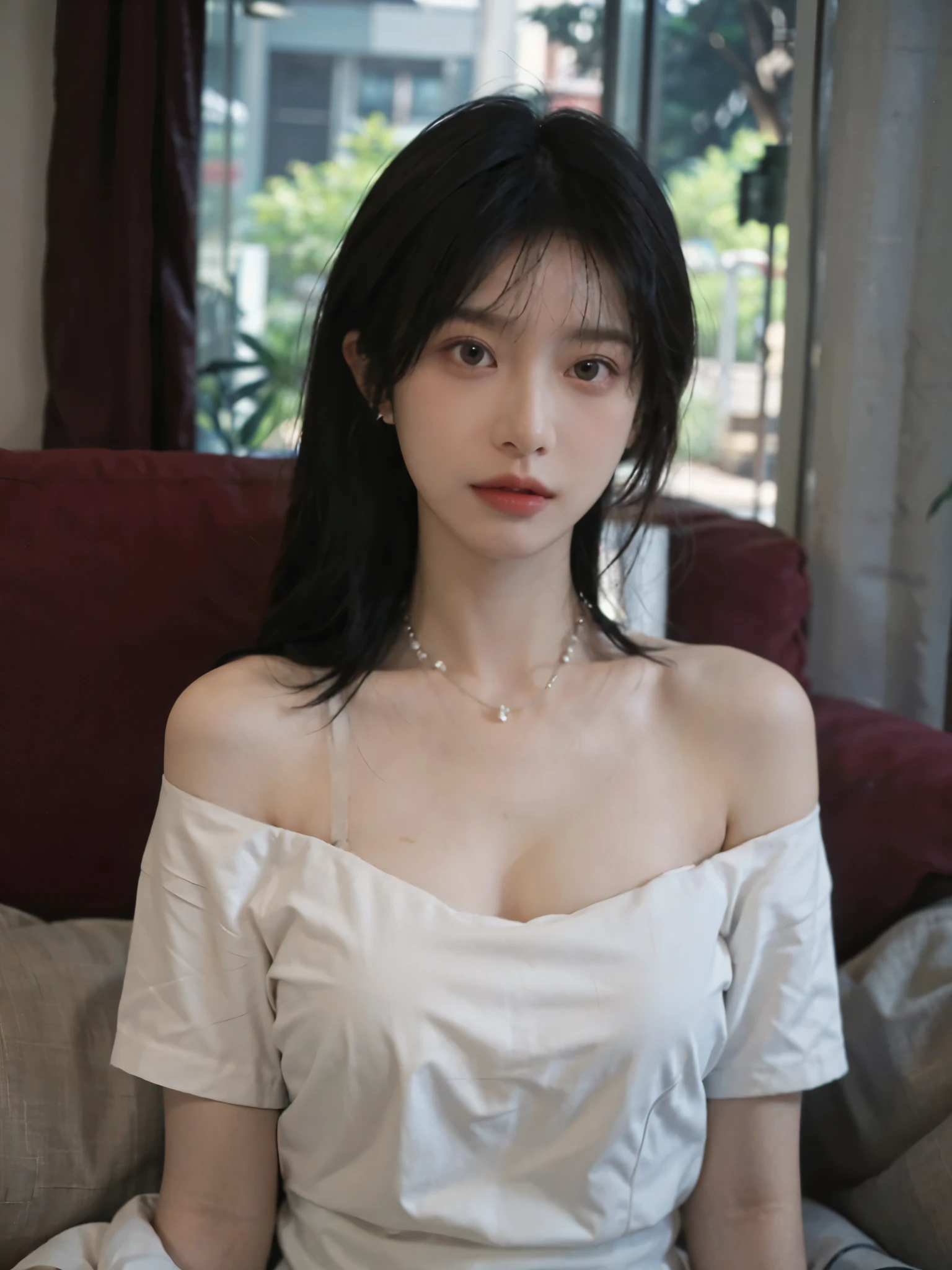 Film portrait photography, 1 girl, bare shoulders,lipstick,(flat chest:1.4), Shoulder length wavy hair, wear necklace,affectionate eyes,earrings,short sleeves,serene, calm, (Realistic and detailed eyes, natural skin texture, Realistic facial details), Soft dramatic lighting, depth of field, Bokeh, big breasts,Areola,split,cleavage,Vibrant details, Detailed and detailed, surreal, 35mm film, hazy, ,