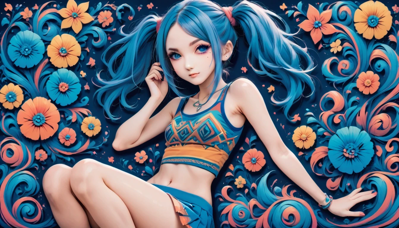 aisha hanabi, blue hair, side pigtails, mole under eye, flat chested, magicl background, flowers, zentangle and origami style background, colorful, tank top and mini skirt