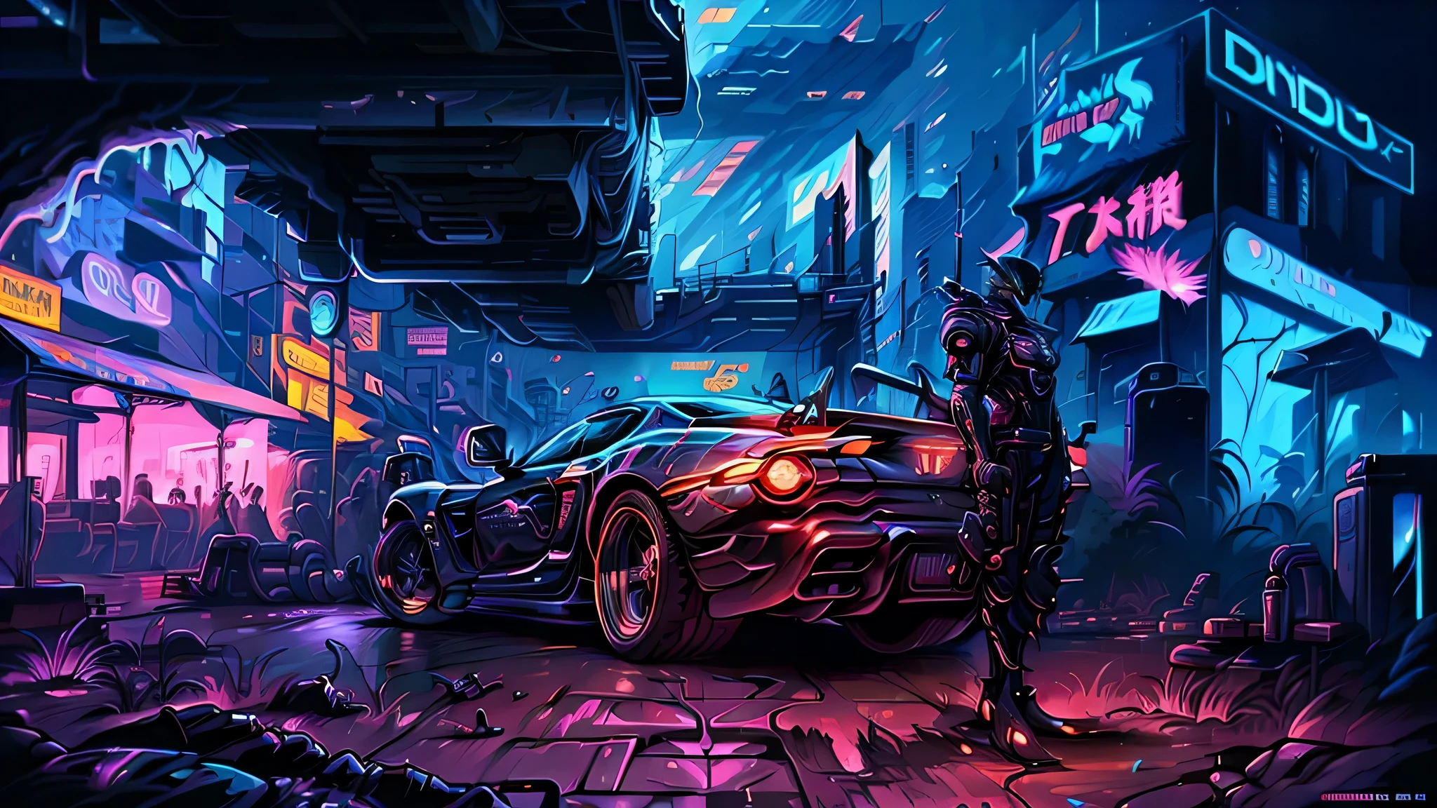 a man standing next to a car in a town at night, estilo de arte cyberpunk, cyberpunk themed art, arte cyberpunk blade runner, detailed cyberpunk illustration, cyberpunk garage on jupiter, retro cyberpunk, cyberpunk illustration, em cyberpunk city, Rua Cyberpunk, estilo de arte cyberpunk, Arte Cyberpunk, carro cyberpunk, arte conceitual cyberpunk, pintura digital cyberpunk, rua noturna cyberpunk, futuristic cyberpunk scenario