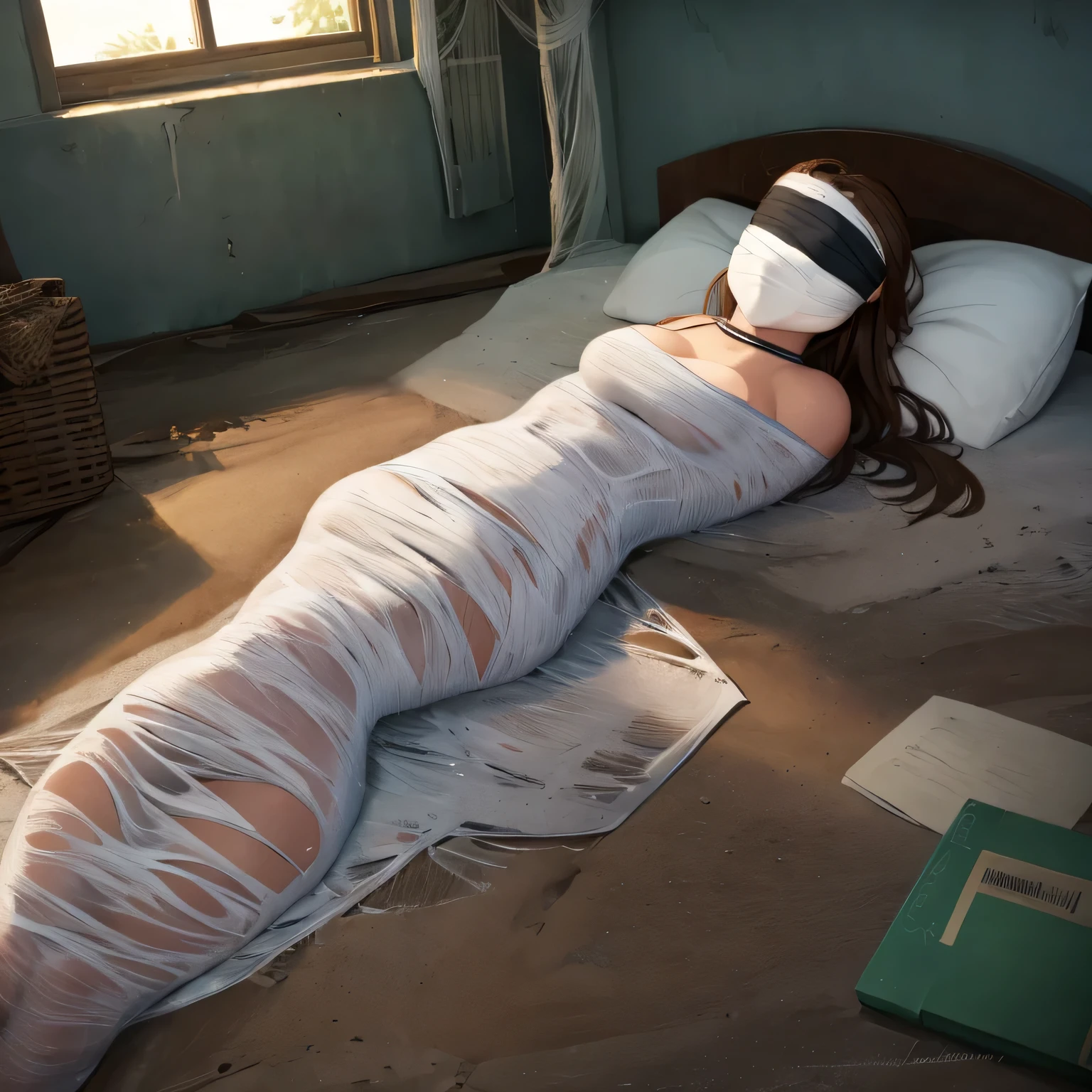 1girl,Spider weaves a net on a girl, very realistic, very detailed,bed,stretched, abandoned school, struggle in the net,brown haired, very long sheer skirt,lying down,(blindfold:1.4),
