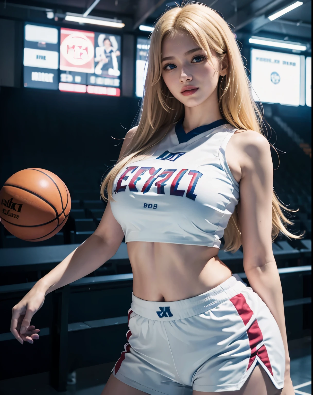 1girl, (blue eyes), (smile :1.2), (Sana Minatozaki), wide hips, Big tits, big ass, (Best Quality, 8k, Masterpiece: 1.3), Clear Focus: 1.2, Perfect Body Beauty: 1.4, Highly detailed face and skin texture, detailed eyes, double eyelids, (blond long tail hair :1.2), basketball jersey, basketball shorts, space jam :1.2, standing, dynamic pose, in a basketball stadium
