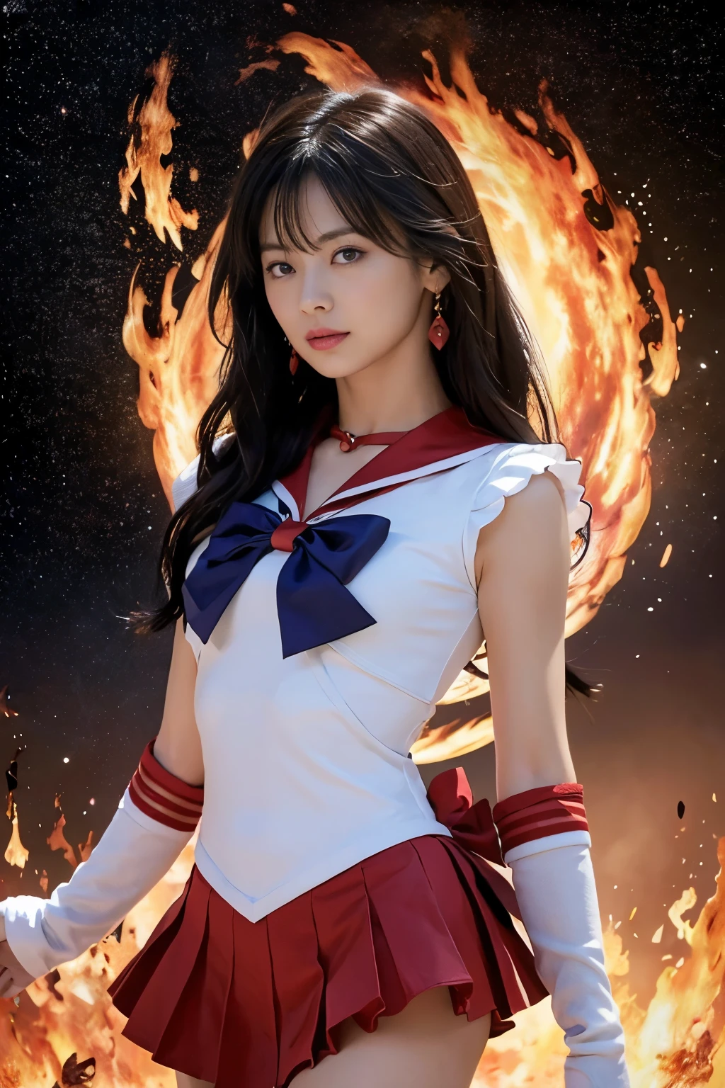 ((HD real, SAMA1 level)), extreme real, masterpiece, highest quality, High resolution, SAMA1, space, stunning beauty, upper body shot, 1 girl, chest, gloves, lips, alone, Sailor mars, purple eyes, uniform, See more1, tiara, sailor warrior uniform, (Raw photo, highest quality), masterpiece, 浮かぶ長いblack hair, red sailor collar, bow, choker, 白いgloves, red choker, 肘用gloves, jewelry, earrings, red skirt, only, whole body, black hair, (perfect hands): 3.8, octane rendering, goddess of fire, (close: 1.2) In detail, beautiful eyes, close, small eyes, view viewer, to8 contrast style, octane line drawing, space background, mars, flames are floating around her, red flame, intensegaze, clear eyes, lowered his hand