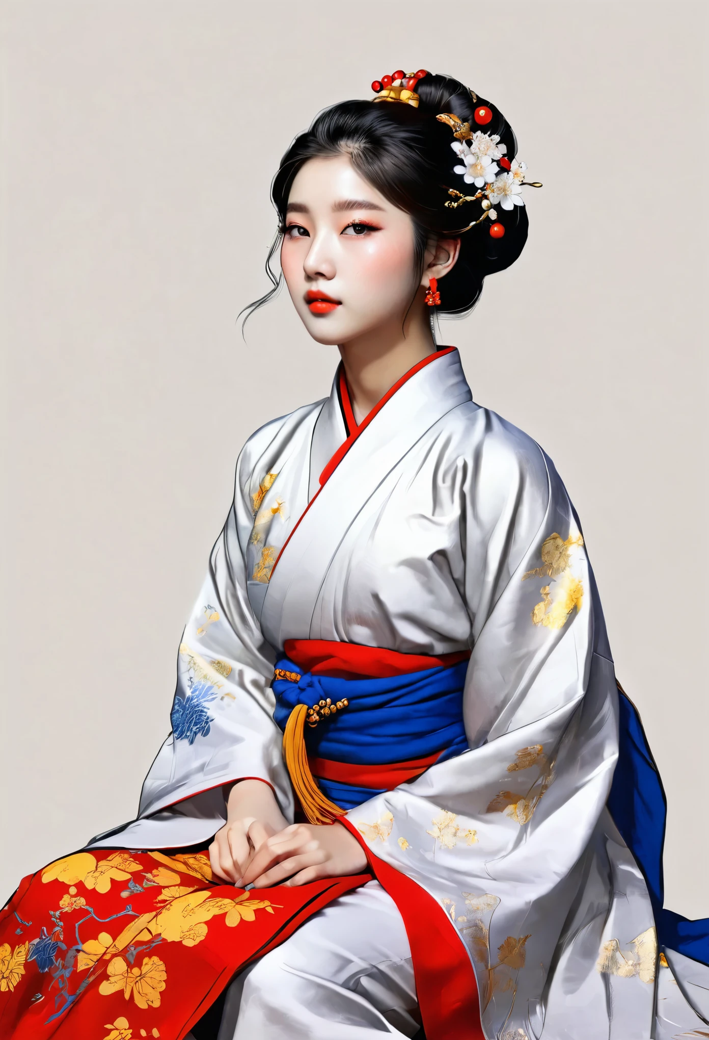 best quality, masterpiece, cinematic lighting, intricate, simple background, detailed face, full body, (outline:1.2), (popart:1.3), lineart, , , 1girl, sitting, hanfu, skistyle,, ,  