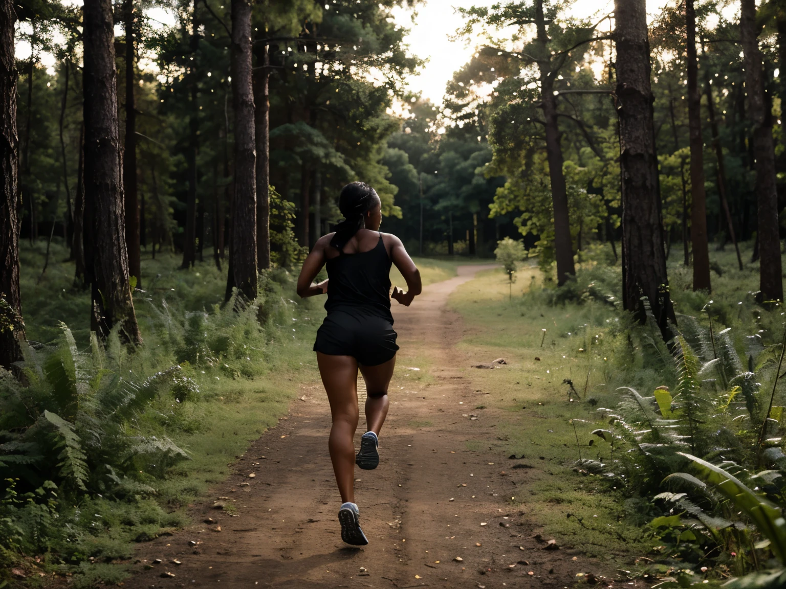 Side photo of a black woman running in the evening in the forest