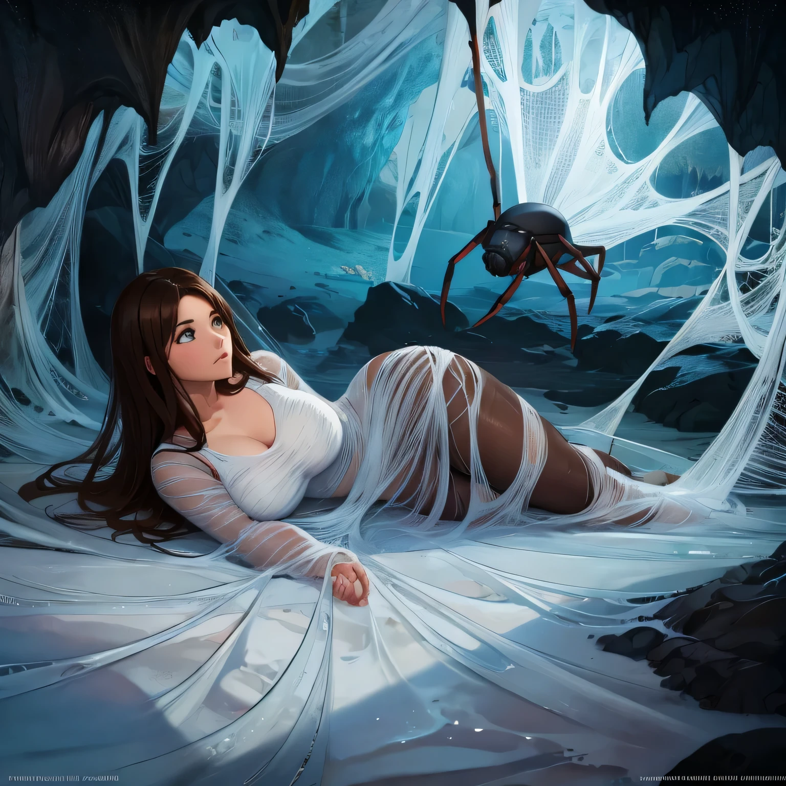 1girl,Spider weaves a net on a girl, very realistic, very detailed,bed,stretched, dark cave, struggle in the net,brown haired, very long sheer skirt,lying down,