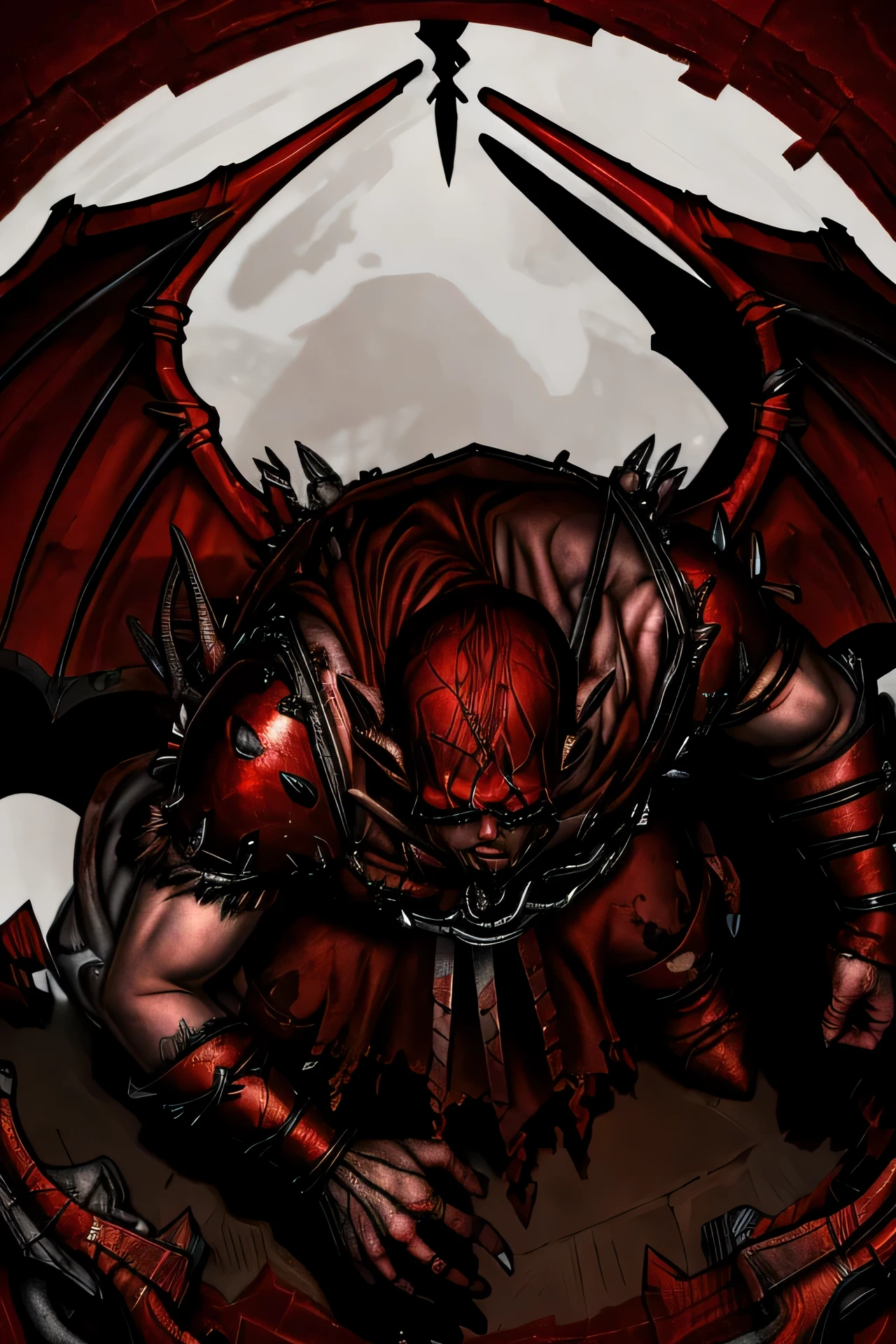 1 male, full body, khorne, Khorne_World, berzerker, red skin, blood on clothes, blood on face, fangs, drool, stout limbs, demon wings, flying, devil, skulls, chains, spikes, skull pauldron, torn clothes, brass armor, chaos, warhammer fantasy art, white background