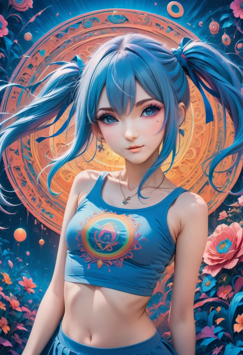 (best quality,4k,8k,highres,masterpiece:1.2),ultra-detailed,(anime style),aisha hanabi,blue hair,side pigtails,mole under eye,flat chested,mystical background,flowers,neon lights art,zentangle and origami style background,colorful,tank top,mini skirt