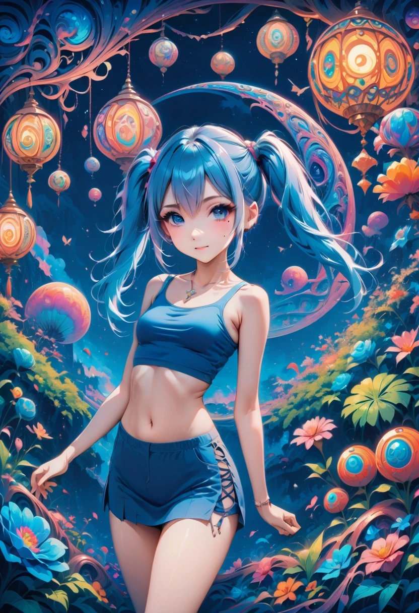 (best quality,4k,8k,highres,masterpiece:1.2),ultra-detailed,(anime style),aisha hanabi,blue hair,side pigtails,mole under eye,flat chested,mystical background,flowers,neon lights art,zentangle and origami style background,colorful,tank top,mini skirt