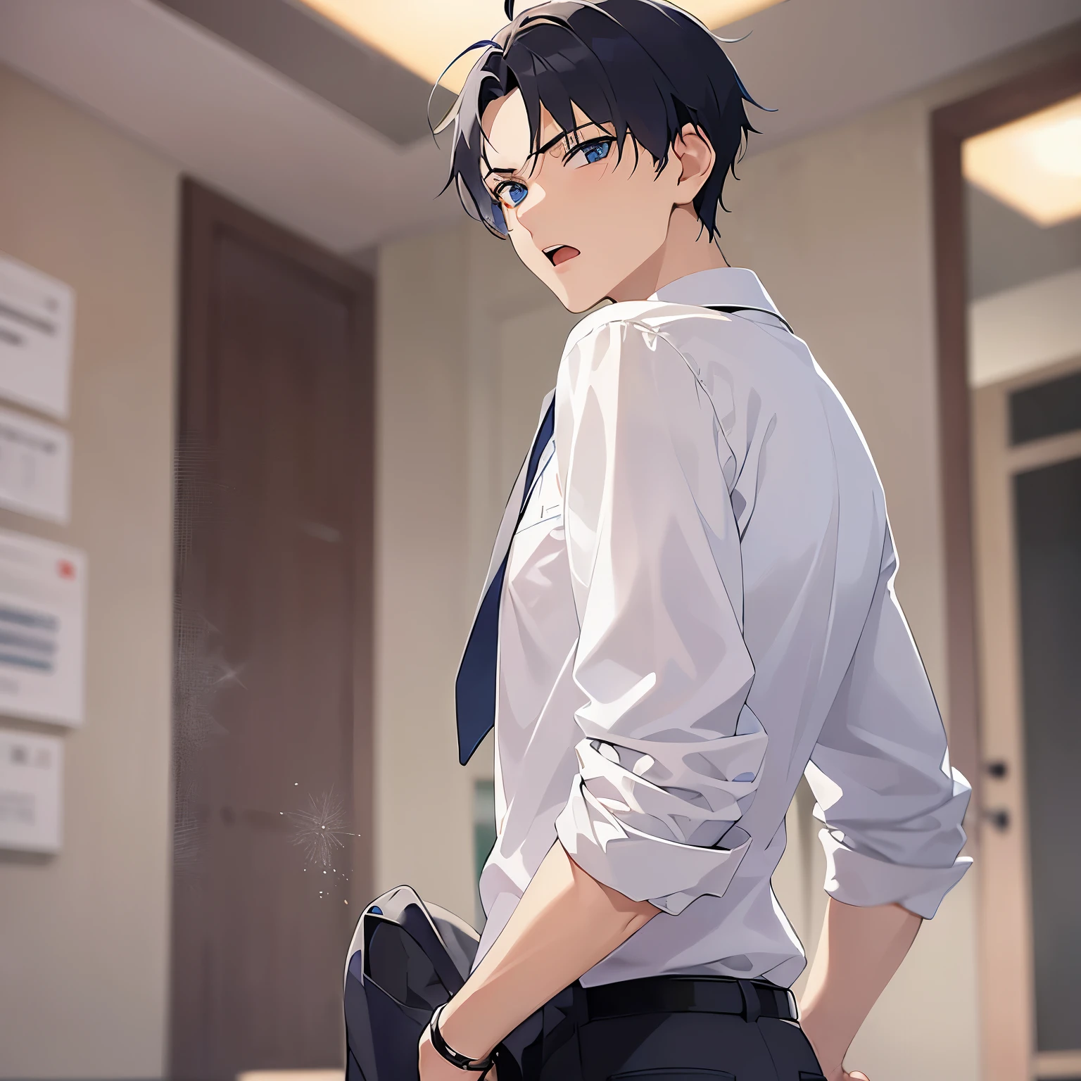 shooting from behind, masterpiece、highest quality、(25 year old male:1.5) and (black short hair) and (blue eyes), wearing a suit、wearing a white shirt、Wearing a blue tie、serious expression、open mouth, The background is an office、(Alone:1.5)、Are standing