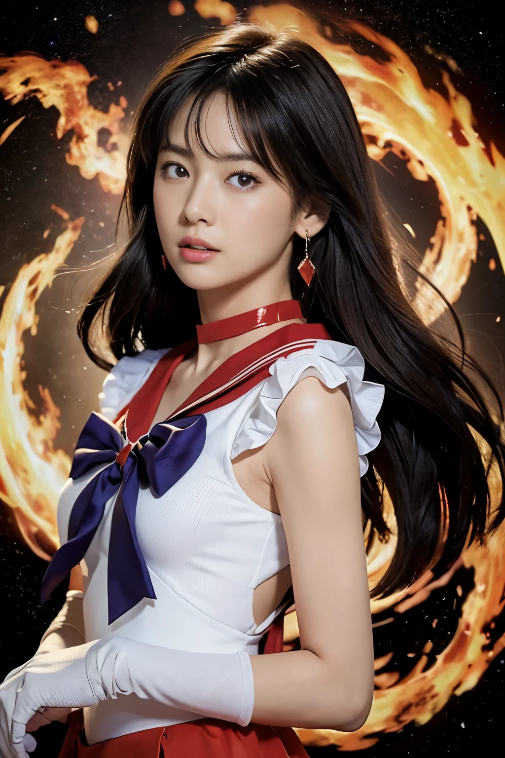 ((HD real, SAMA1 level)), extreme real, masterpiece, highest quality, High resolution, SAMA1, space, stunning beauty, upper body shot, 1 girl, chest, gloves, lips, alone, Sailor mars, purple eyes,  uniform, See more1, tiara, sailor warrior uniform, (Raw photo, highest quality), masterpiece, 浮かぶ長いblack hair, red sailor collar, bow, choker, 白いgloves, red choker, 肘用gloves, jewelry, earrings, red skirt, only, whole body, black hair, (perfect hands): 3.8, octane rendering, goddess of fire, (close: 1.2) In detail, beautiful eyes, close, small eyes, view viewer, to8 contrast style, octane line drawing, space background, mars, flames are floating around her, red flame, intensegaze, clear eyes, lowered his hand