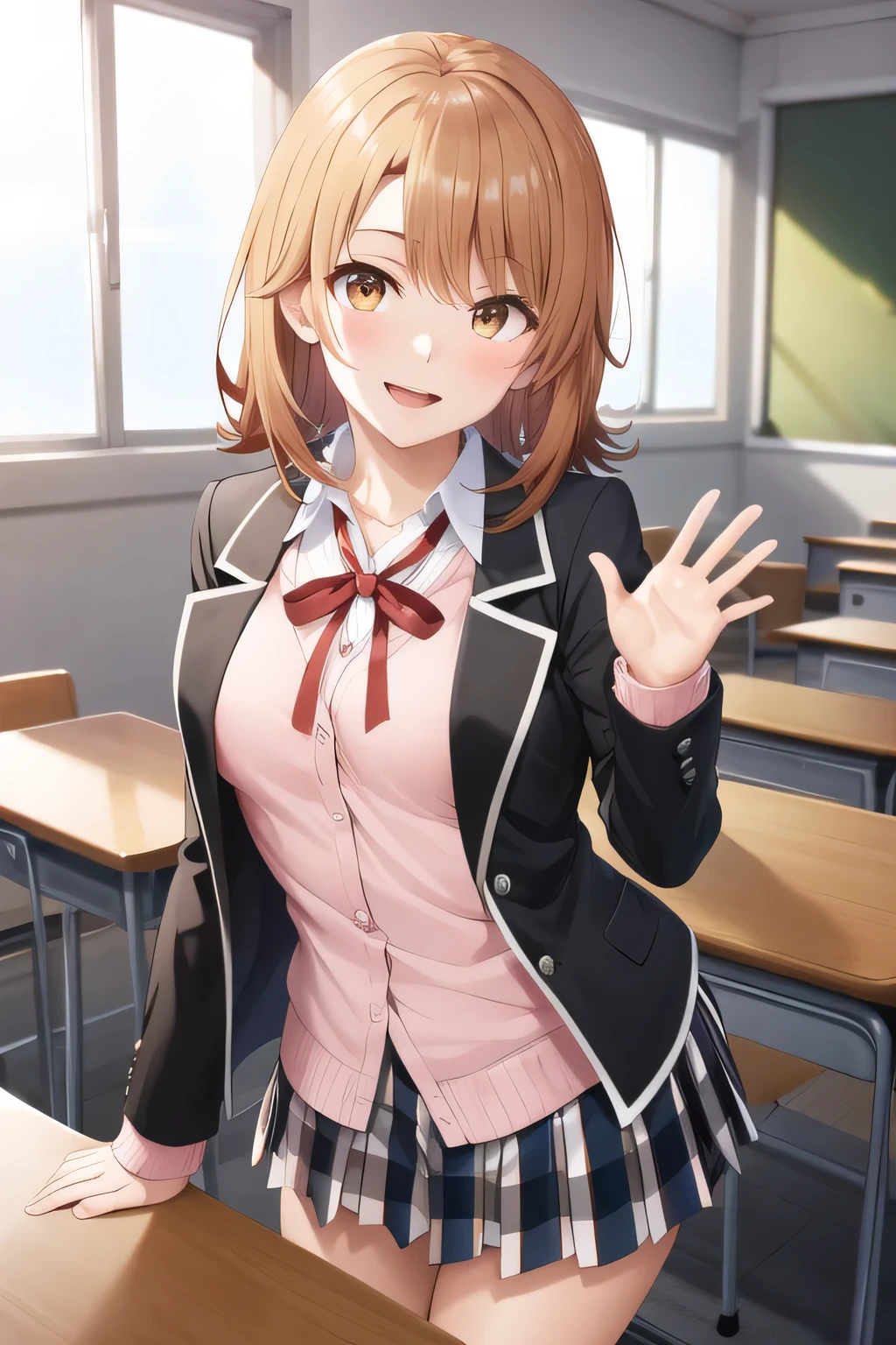 masterpiece, highest quality, High resolution, Airoha, medium hair, , neck ribbon, collared shirt, blazer, black jacket, open jacket, long sleeve, plaid skirt, classroom, indoors, crazy smile, open your mouth, wave hands,open chest、nipple