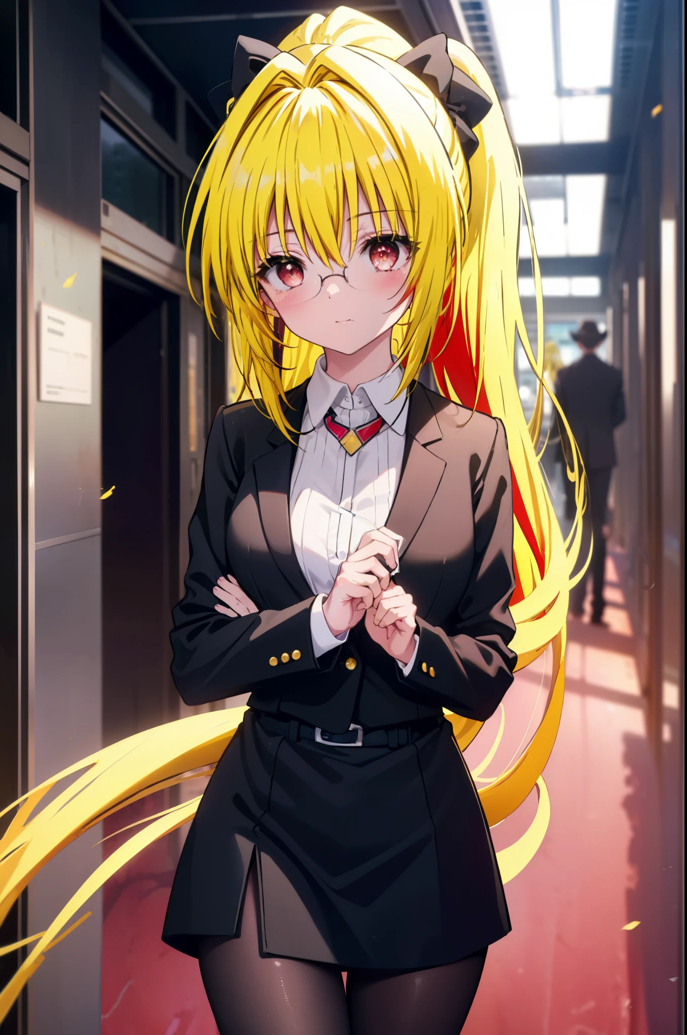 toloverumy, my, (yellow hair:1.5), long hair,ponytail, (red eyes:1.5), smile,blush,OL, red glasses, end, black suit jacket, collared jacket, white dress shirt, collared shirt, neckline, button, strap, ID card on neck,black pantyhose,stiletto heels,cleavage cutout,So that the whole body goes into the illustration,
break indoors, School corridor,
break looking at viewer, (cowboy shot:1.5),
break (masterpiece:1.2), highest quality, High resolution, unity 8k wallpaper, (figure:0.8), (detailed and beautiful eyes:1.6), highly detailed face, perfect lighting, Very detailed CG, (perfect hands, perfect anatomy),
