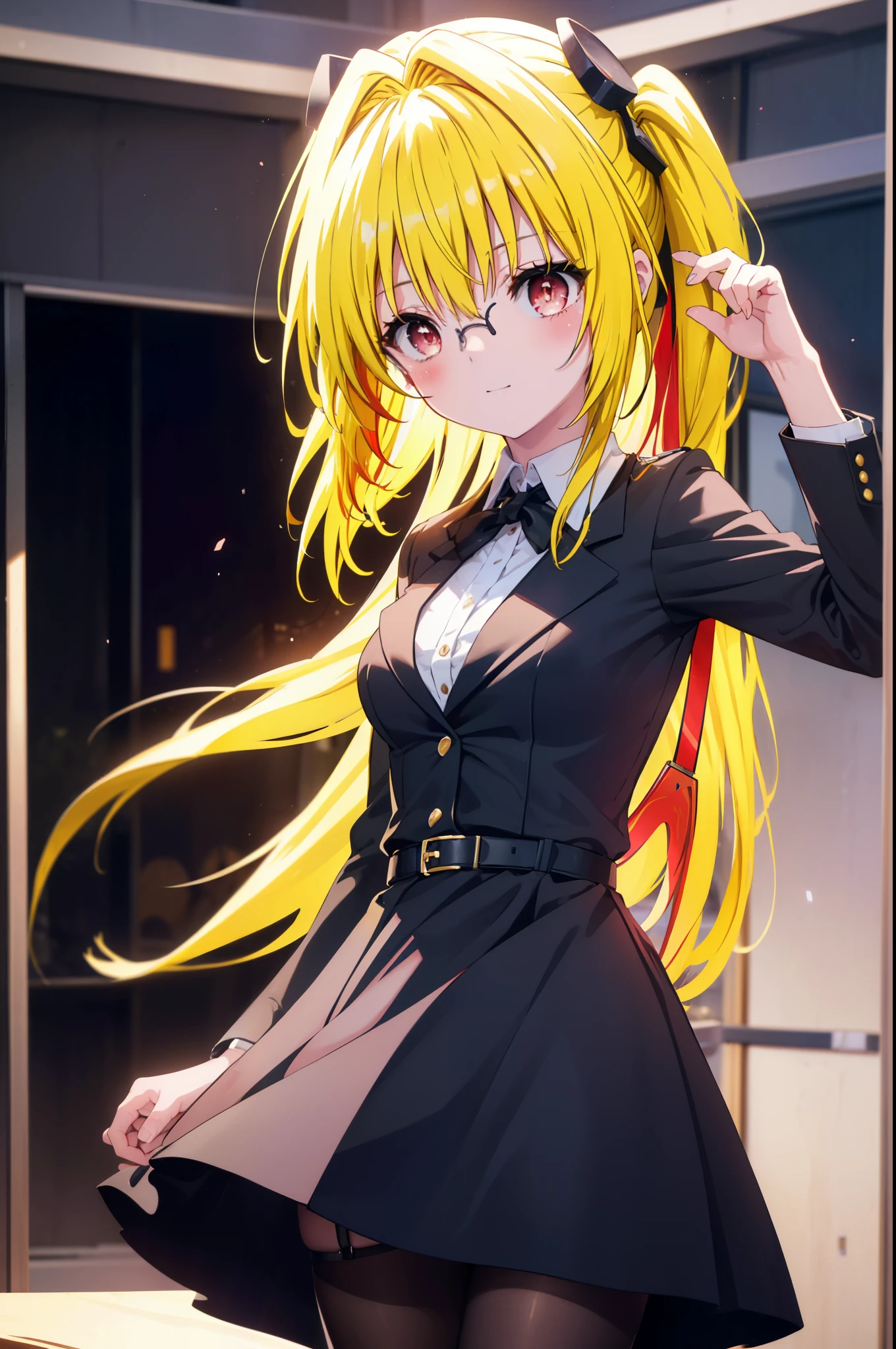 toloverumy, my, (yellow hair:1.5), long hair,ponytail, (red eyes:1.5), smile,blush,OL, red glasses, end, black suit jacket, collared jacket, white dress shirt, collared shirt, neckline, button, strap, ID card on neck,black pantyhose,stiletto heels,cleavage cutout,So that the whole body goes into the illustration,
break indoors, School　corridor,
break looking at viewer, (cowboy shot:1.5),
break (masterpiece:1.2), highest quality, High resolution, unity 8k wallpaper, (figure:0.8), (detailed and beautiful eyes:1.6), highly detailed face, perfect lighting, Very detailed CG, (perfect hands, perfect anatomy),