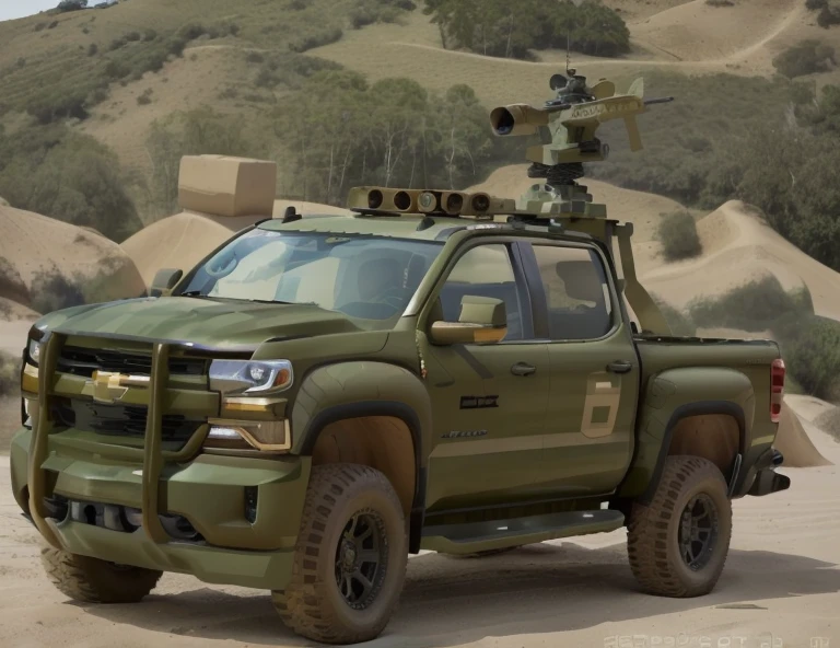 chevrolet pick up militar, camouflage militar marron y beige, armada con ametralladora antiarea, imagen hiperreal fotografica, neumaticos todo terreno, 6x6 , letrero POLICIA NAVAL colocado en las puertas