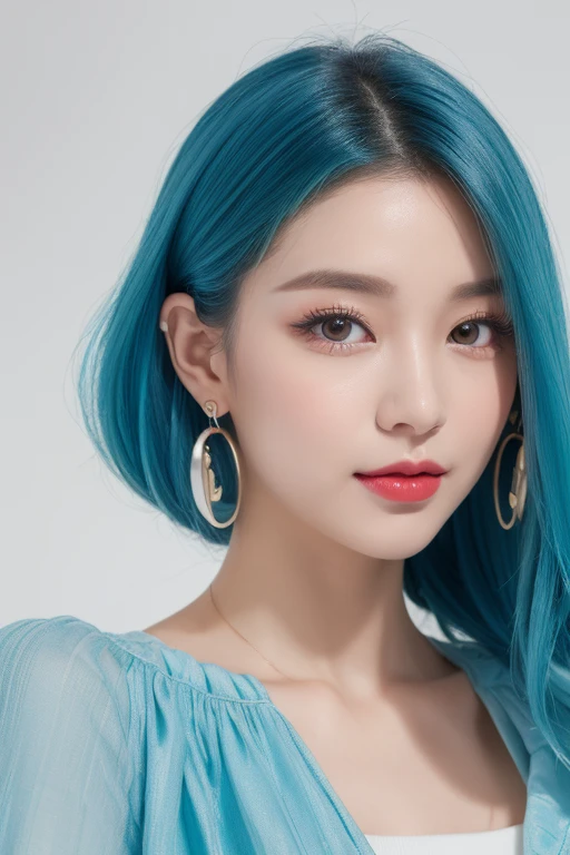 
((Best quality, 8k, Masterpiece :1.3)), Sharp focus :1.2, realistic cute KPop girl Korean. Rose. happy smile with theeth,Rose. 22 years old. body. slim. thin. Captivating. ((jucy red lips, rosy checks, smoky eyeshadow, winged eyeliner)) shoulder length wavy hair cascading down the shoulders, Layered Hair, cyan and white-blue gradient hair color, shag middle parting hairstyle, high ponytail, off shoulder bohemian-inspired  Wrap blouse with puff sleeves,  cropped jacket with colorful flower print, vintage earrings up to the shoulders, Layered bracelets, statement necklace, Also show your ears. In front of the camera. Ear texture. Ear hole details. Realistic. Close-up Shot of Ear. At close range. Shot from the side. In the room_ mix4, 20d, solo, photo-realistic:1.37