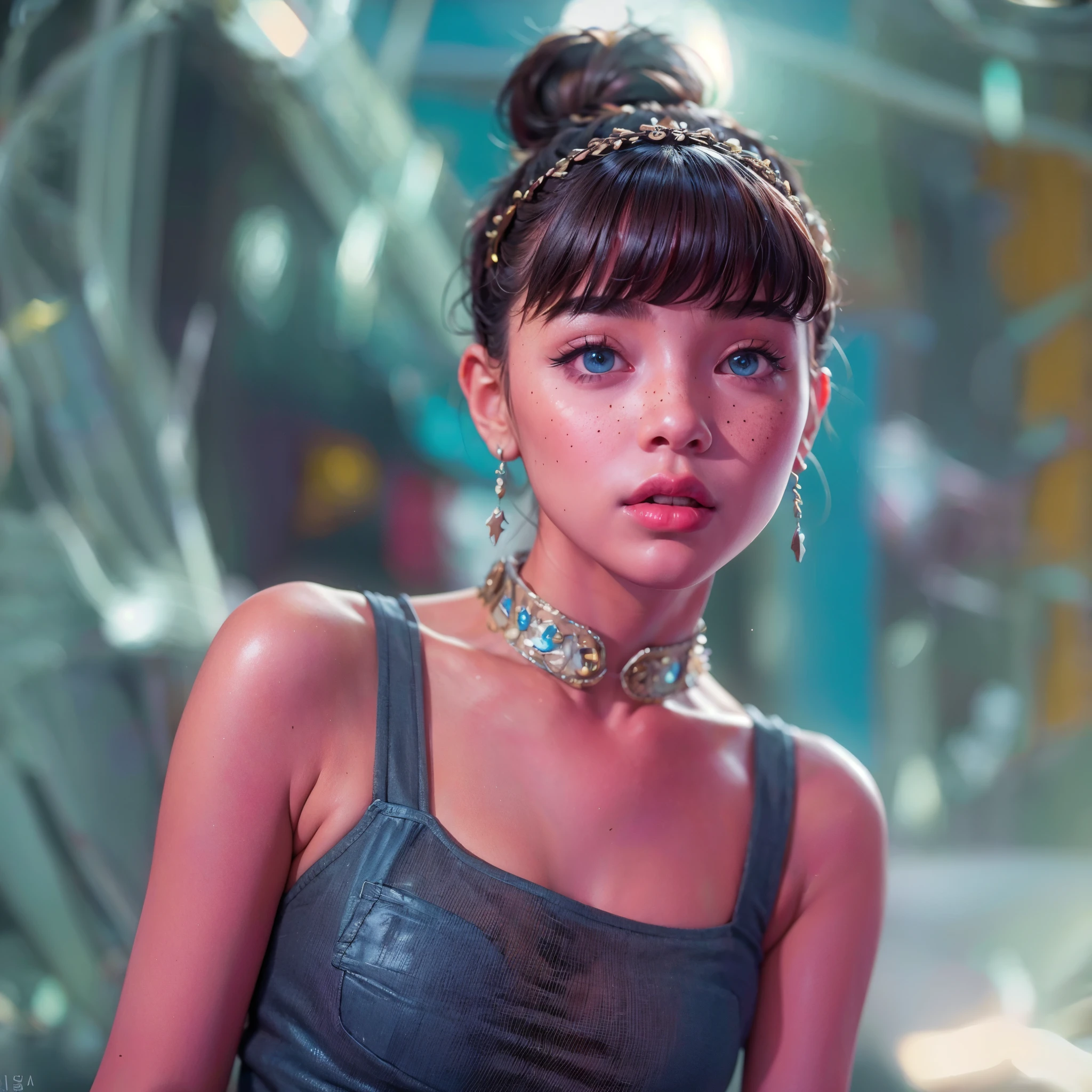 very beautiful, well-groomed girl, With clean skin, normal functions, Beautiful lips, and a slight smile on her face. beautiful figure, modern clothes, cool modern couture dress. presentation background, neutral gray-blue, in virtual space. top quality, 16 thousand.. Full HD, Cinematic rendering. Create a work of art, conveying the unique beauty of Michela.., Famous digital influencer. Focus on her unique facial expression, when she looks directly at the camera., trying to capture the intensity of her piercing blue eyes. Channel her signature style with a Spanish-style hairstyle., styled with two carefully crafted hairpieces.. Add details, reflecting her charming and avant-garde personality.. We took care of that, to convey an aura of modernity and originality, which characterizes Lil Miquela in the digital world. ., Some freckles and nevi, and short hair, wrapped