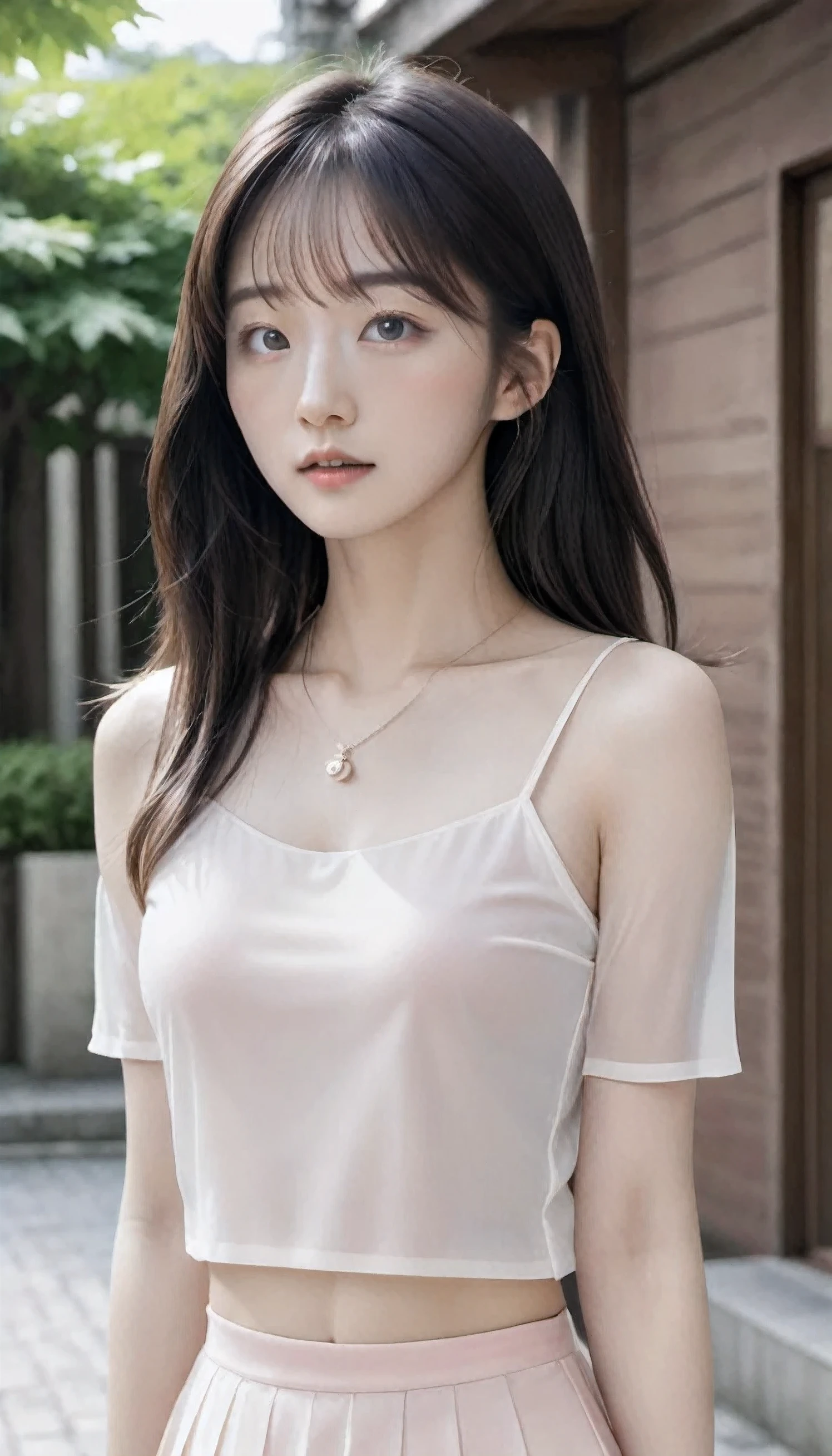 Detailed eyes，Best detail quality，lifelike，8k HD，Korean beauty，super meticulous，high quality texture，Intricate details，texture meticulous，meticulous，high detail，extremely meticulous，High-quality shadows，meticulous, beautiful and delicate face，meticulous, beautiful and delicate eyes，depth of field，Light tracking，A beautiful 25 year old Korean beauty，Tall man with slender legs，blush，Perfect body，White light chiffon top， short plaid tight skirt，street，Sunlight，earrings，necklace，model，looking at the audience，from the side，dynamic poses。
