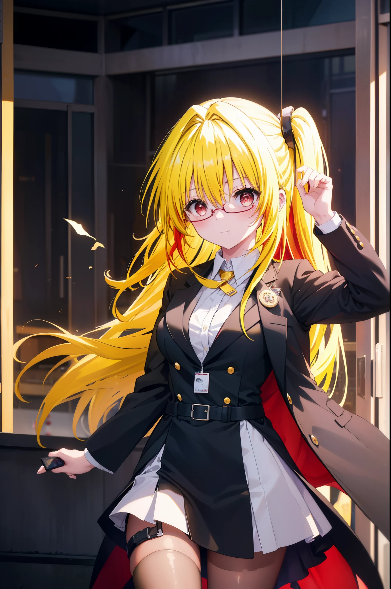 toloverumy, my, (yellow hair:1.5), long hair,low ponytail, (red eyes:1.5), smile,blush,OL, red glasses, end, black suit jacket, collared jacket, white dress shirt, collared shirt, neckline, button, strap, ID card on neck,black pantyhose,stiletto heels,cleavage cutout,So that the whole body goes into the illustration,
break indoors, School corridor,
break looking at viewer, (cowboy shot:1.5),
break (masterpiece:1.2), highest quality, High resolution, unity 8k wallpaper, (figure:0.8), (detailed and beautiful eyes:1.6), highly detailed face, perfect lighting, Very detailed CG, (perfect hands, perfect anatomy),