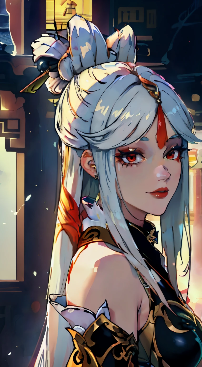 (extremely detailed CG unity 8k wallpaper,masterpiece, best quality, ultra-detailed),(best illumination, best shadow, an extremely delicate and beautiful), floating, high saturation,
dynamic angle, ((1girl)), gorgeous, ningguang \(genshin impact\),
white hair, red eyes, very long hair,  hair ornament, bangs