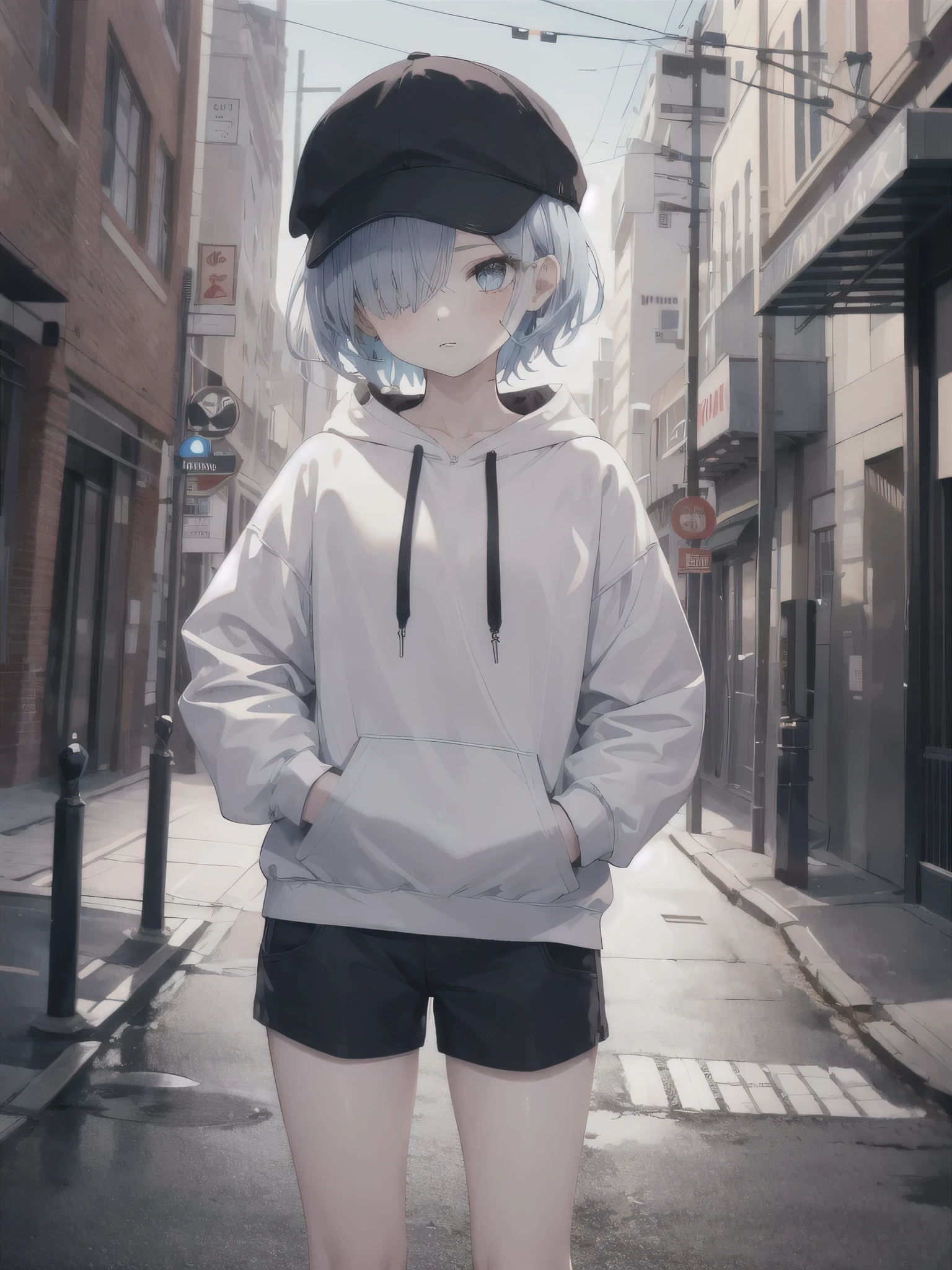 masterpiece,1girl,solo,short hair,blue、one eye is hidden by hair,hoodie, mob cap, street,hand on hip, hand in pocket,looking at the viewer short height The photo shows everything from the head to the thighs.