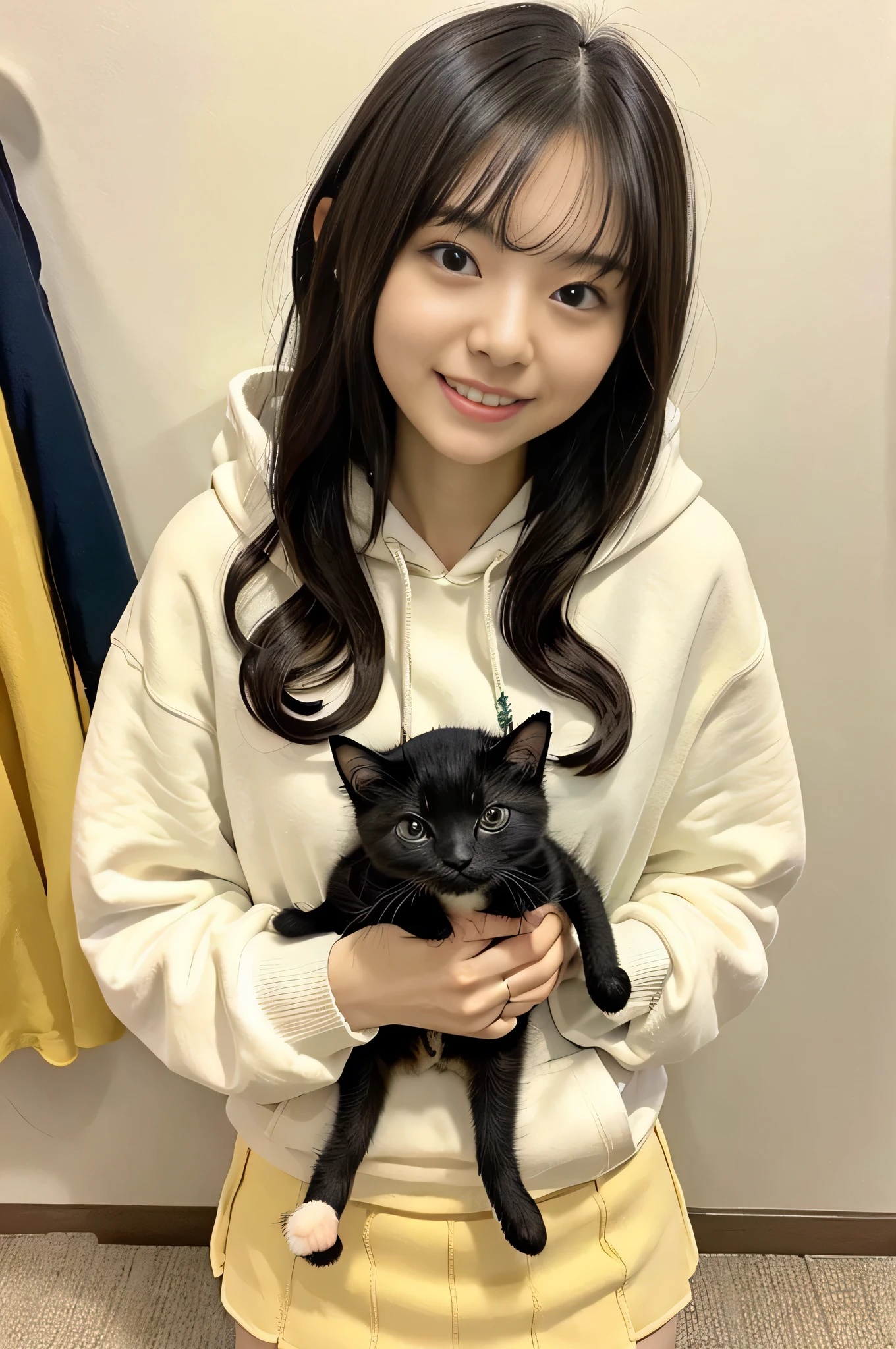 highest quality, be familiar with, beautiful, insanely be familiar with, disorganized,perfect anatomy,
japanese woman,black hair,27 years old,
(thin),
(small breasts),
laughter, curly hair, (white hoodie, yellow skirt:1.2),(Holding a cute kitten:1.2), cowboy shot, From above