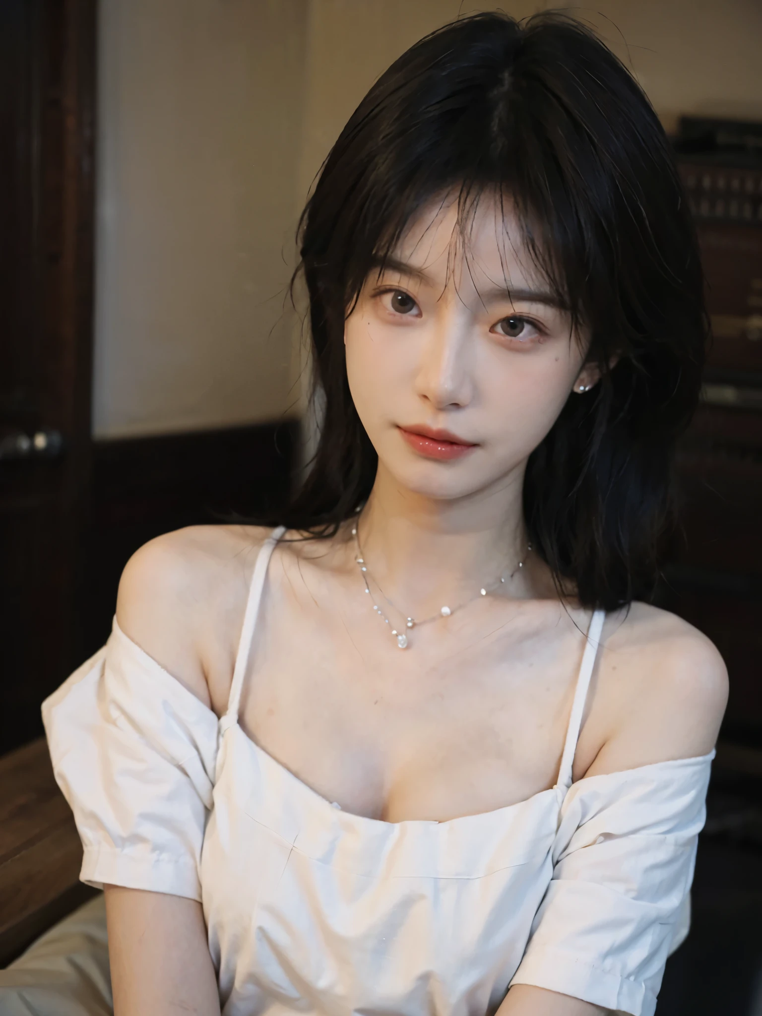 Film portrait photography, 1 girl, bare shoulders,lipstick,(flat chest:1.4), Shoulder length wavy hair, wear necklace,earrings,short sleeves,serene, calm, (Realistic and detailed eyes, natural skin texture, Realistic facial details), Soft dramatic lighting, depth of field, Bokeh, big breasts,Areola,split,cleavage,Vibrant details, Detailed and detailed, surreal, 35mm film, hazy, ,