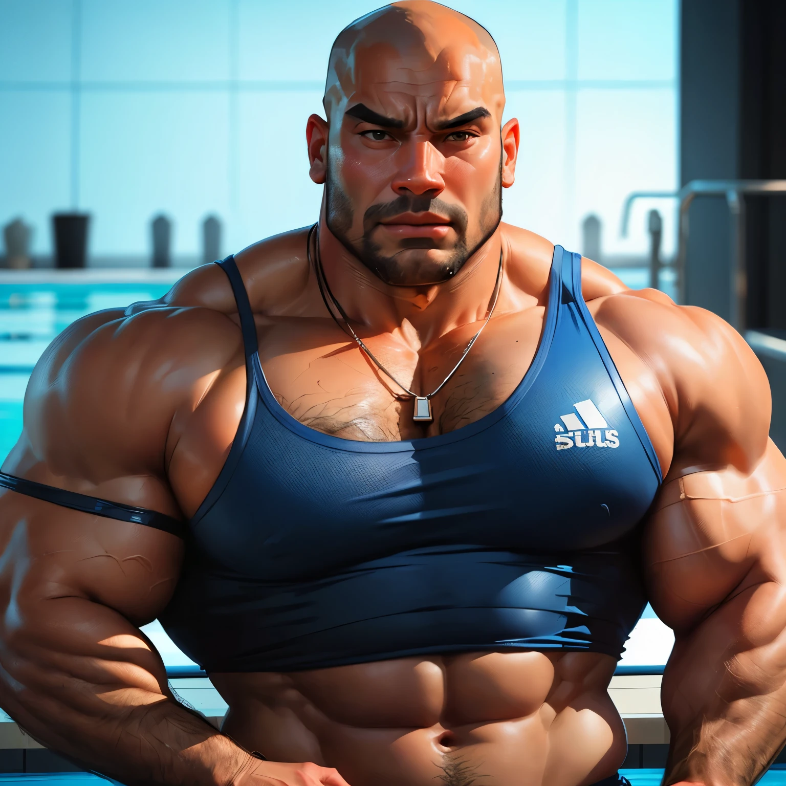 an exaggeratedly muscular and large bald bodyguard, beefy build, mixed race, (wearing blue sports jersey: 1.2), whistle necklace, (bara pecs: 1.3), (arm and chest hair: 1.1), close-up portrait HD, indoor pool background