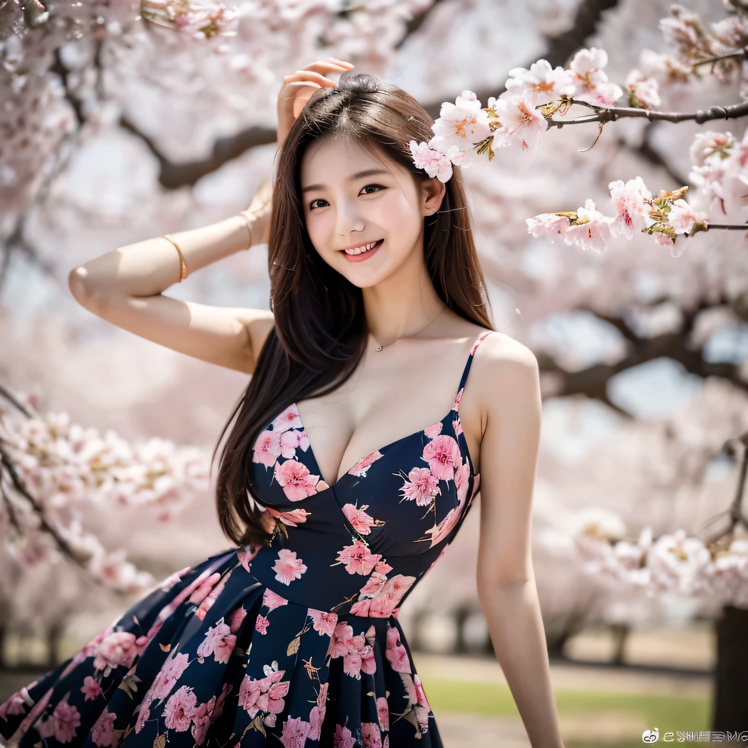best qualtiy,tmasterpiece,ultra high resolution,(Realism:1.4),RAW photogr,1girll,long whitr hair,Face Highlighting,Pure,Girly,Flushing,18yr old,18-year-old smiling female classmate,Pure,Innocent,(best qualtiy,8K,tmasterpiece:1.3),Goose egg face,largeeyes,long eyelasher,Exquisite(live-action realistic style),(photo full body), full body shot, Star-like eyes,Ultimate face,Photorealistic light and shadow,Clear facial featureilky white skin,Fair skin, highdetailskin, Realistic skin details, Visible Pore,(Super detail),(perfect bodies:1.1),long whitr hair,(dynamicposes),((Dynamic background((volumettic light:1.3)),Bigchest,deep v big breasts,Long red floral dress,liberta,Dashing,Stand under the cherry blossom trees,long leges,Shunguang