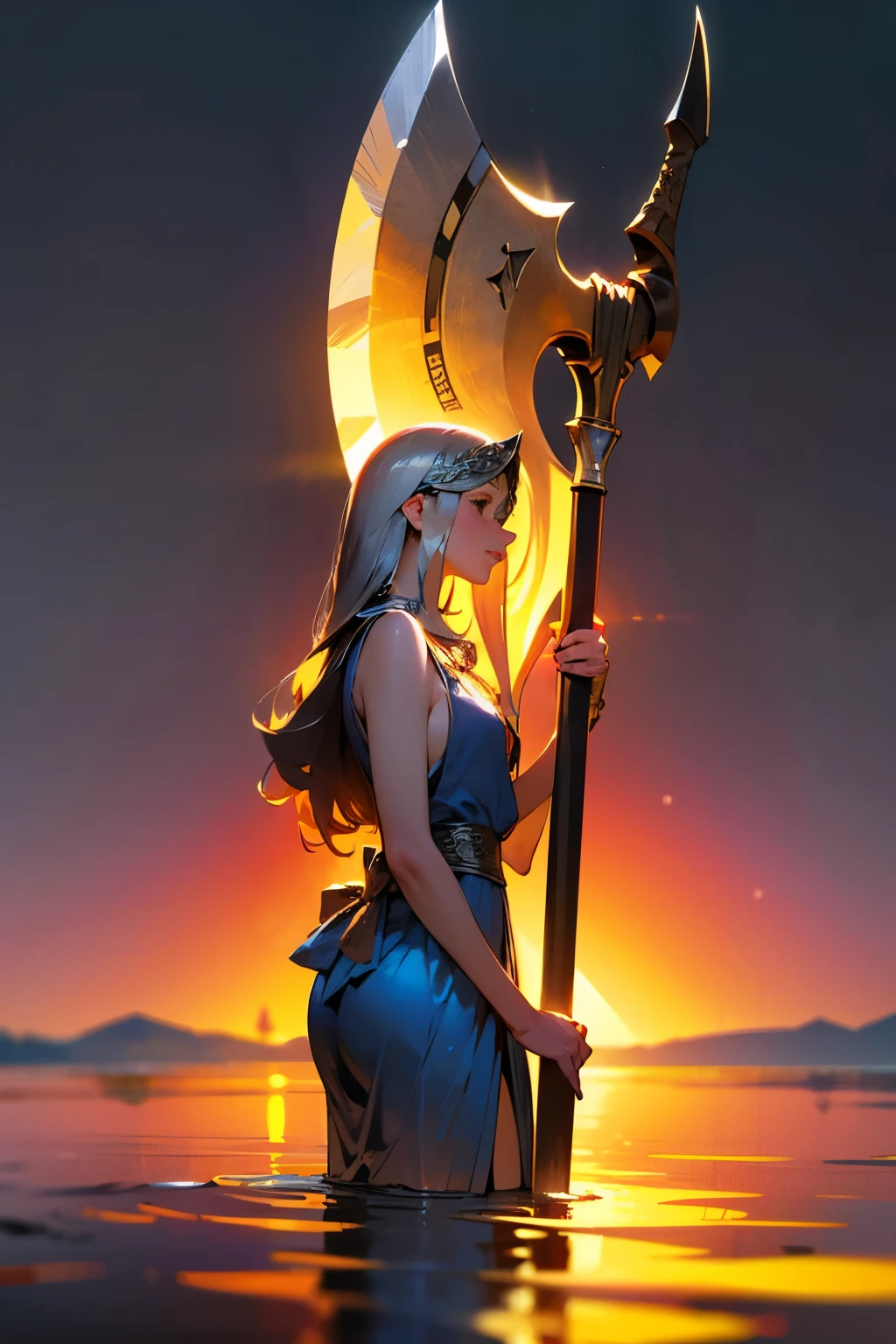 best quality, 8k, highres, realistic, detailed, Evening Pond, Goddess from the pond, holding a golden axe in one hand and a silver axe in the other,