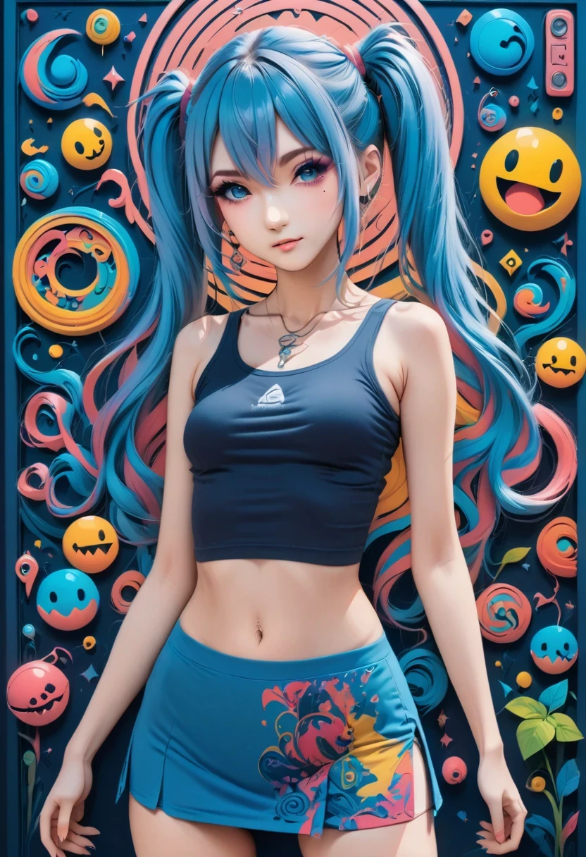 (best quality,4k,8k,highres,masterpiece:1.2),ultra-detailed,(anime style),aisha hanabi,blue hair,side pigtails,mole under eye,flat chested,mystical background,pac-man,neon lights art,zentangle and origami style background,colorful,tank top,mini skirt, vibrant colors, dark tones,