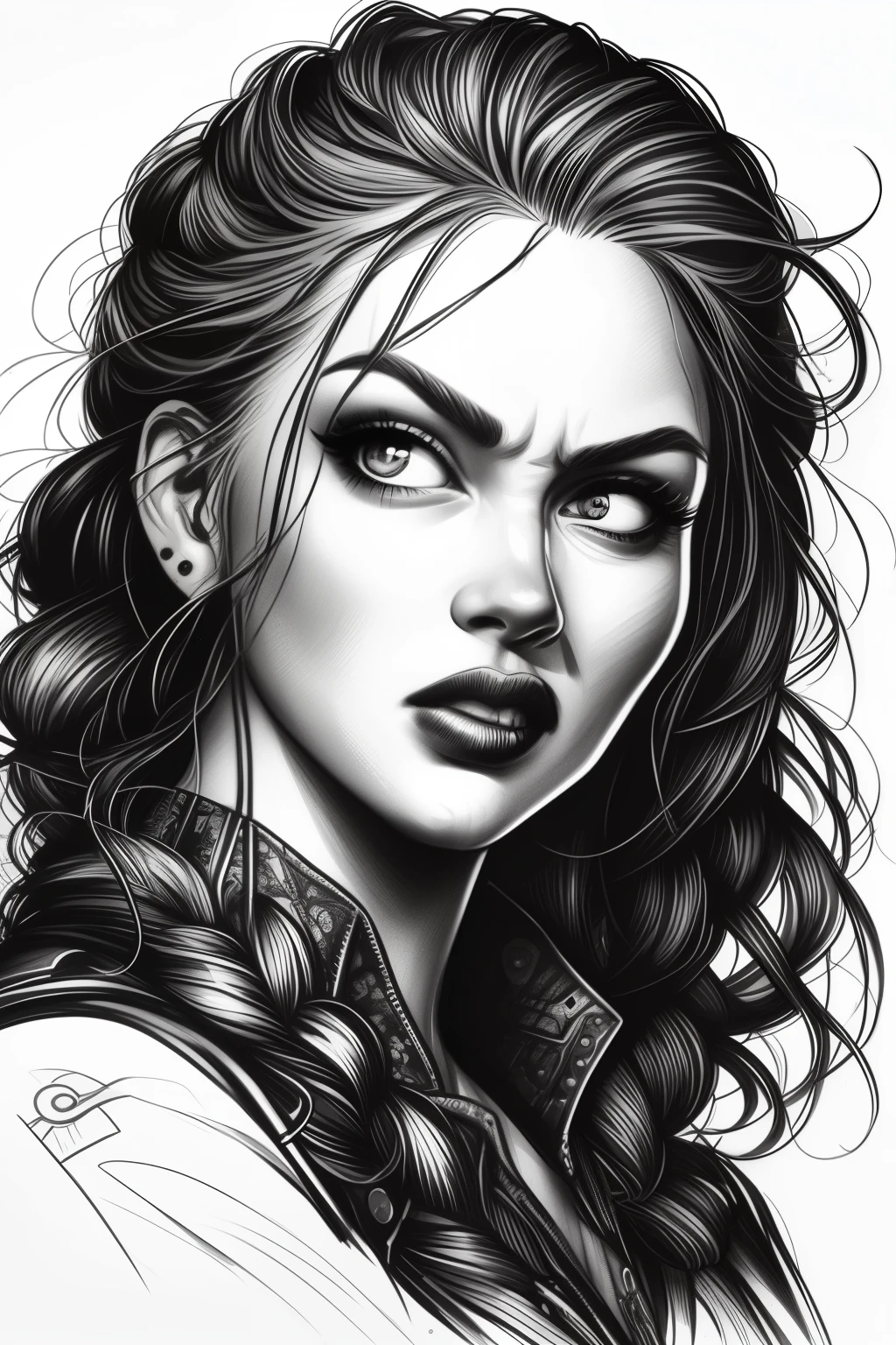 a drawing of a woman with a finger on her lips, epic pencil illustration, epic portrait illustration, por Rick Naguaro, black and white illustration, artistic design, desenho preto e branco, desenho detalhado em 4k, air brush illustration, mulher extremamente detalhada, high quality sketch art, lindo estilo de desenho, arte vetor preto e branco, sketch art, epic digital art illustration