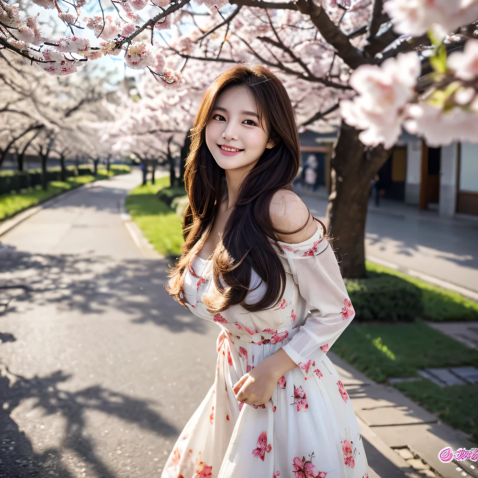best qualtiy,tmasterpiece,ultra high resolution,(Realism:1.4),RAW photogr,1girll,long whitr hair,Face Highlighting,Pure,Girly,Flushing,18yr old,18-year-old smiling female classmate,Pure,Innocent,(best qualtiy,8K,tmasterpiece:1.3),Goose egg face,largeeyes,long eyelasher,Exquisite(live-action realistic style),(photo full body), full body shot, Star-like eyes,Ultimate face,Photorealistic light and shadow,Clear facial featureilky white skin,Fair skin, highdetailskin, Realistic skin details, Visible Pore,(Super detail),(perfect bodies:1.1),long whitr hair,(dynamicposes),((Dynamic background((volumettic light:1.3)),Bigchest,deep v big breasts,Long red floral dress,liberta,Dashing,Stand under the cherry blossom trees,long leges,Shunguang