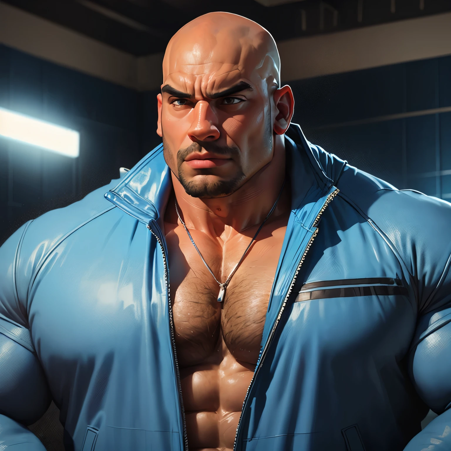 an exaggeratedly muscular and large bald bodyguard, beefy build, mixed race, (wearing blue sports jacket: 1.2), whistle necklace, (bara pecs: 1.3), (arm and chest hair: 1.1), close-up portrait HD, indoor pool background