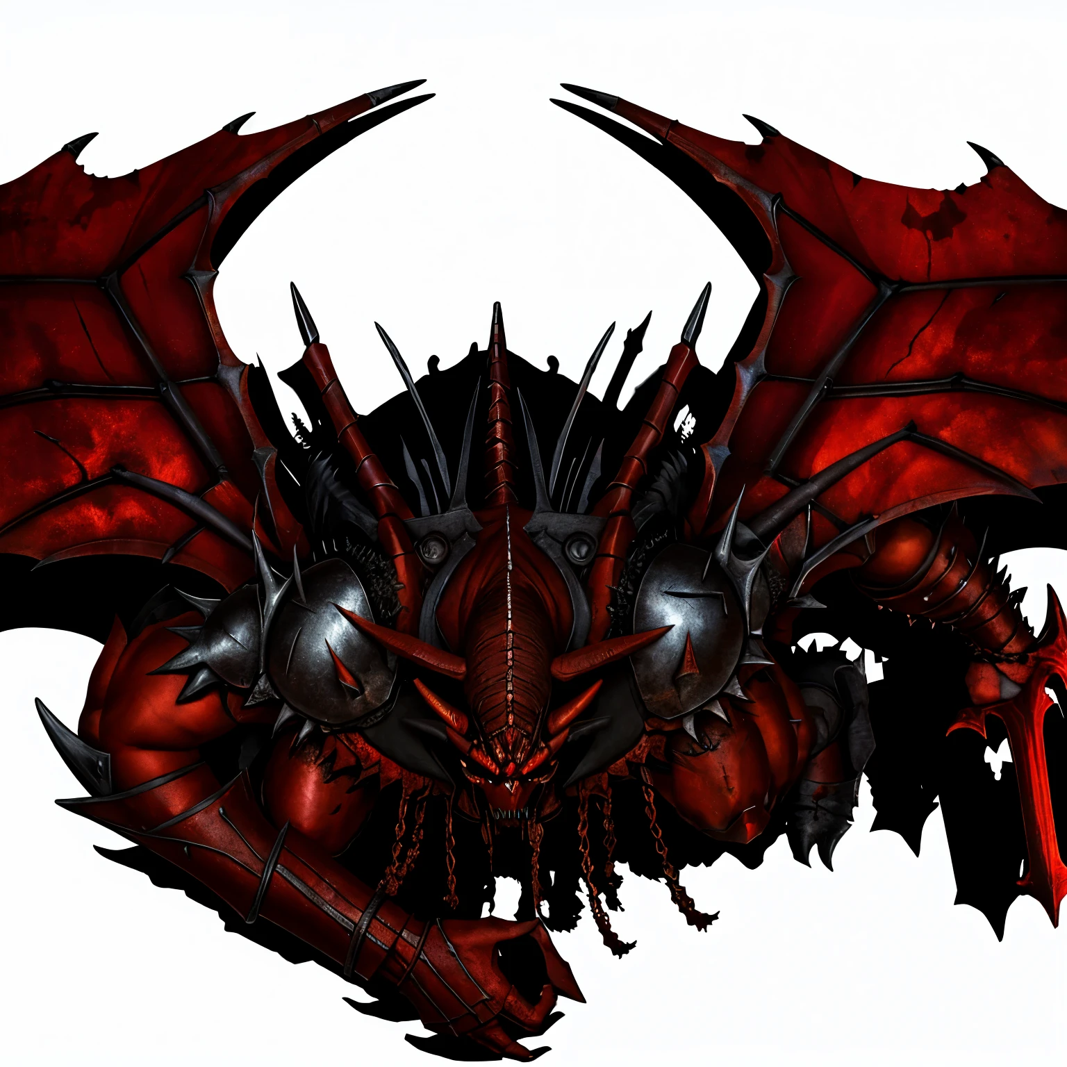 a close up of a demonic looking demon, red demon armor, full body, wings, muscled humanoid balrog demon, khorne, demon berserker, demon lord, fat ripped satanic creature, doom demon, demon armor, anger. hyper detailed, fat ripped satan, demon knight of death, balrog, ruler of inferno, with hellish devil wings, chaos marine