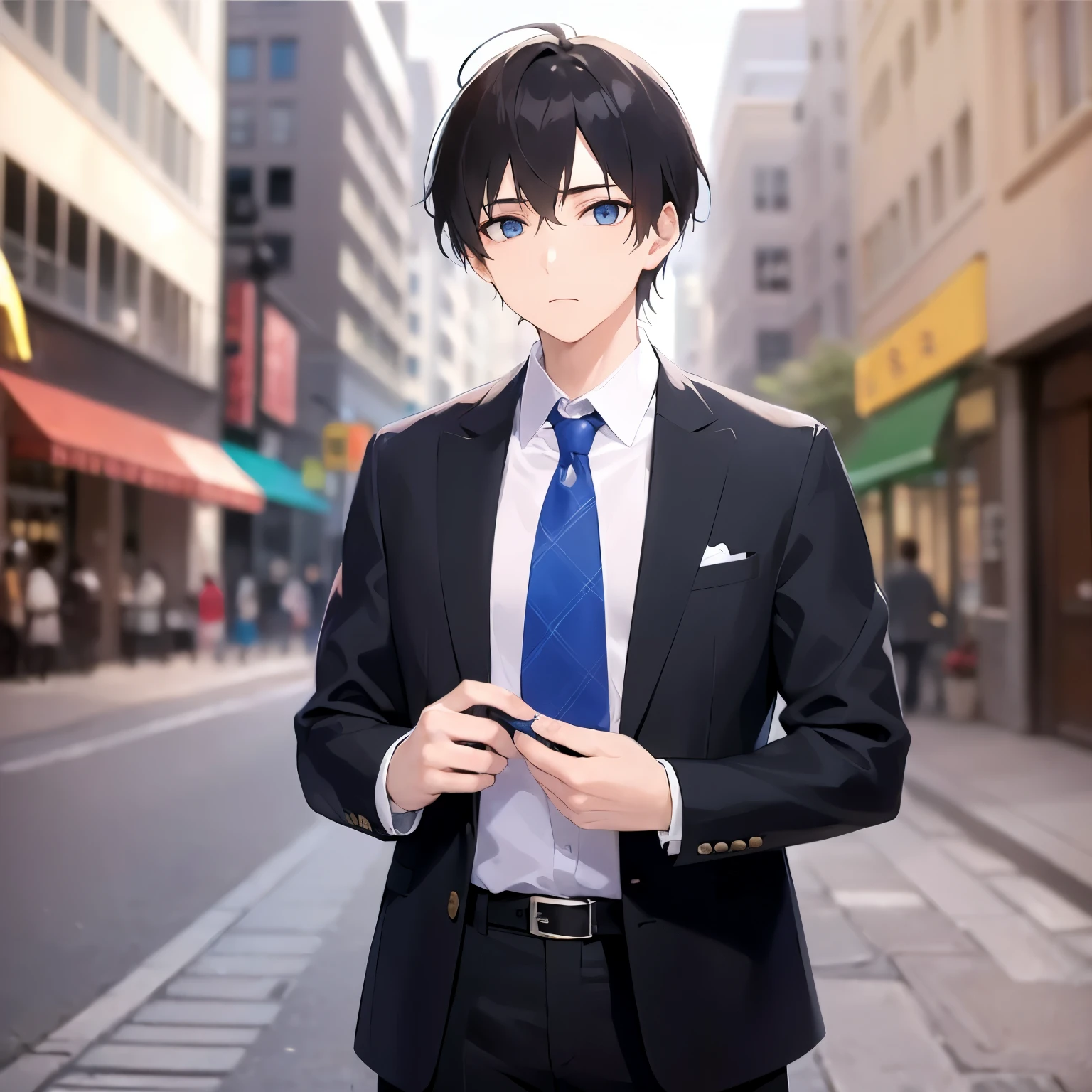 masterpiece、highest quality、(25 year old male:1.5) and (black short hair) and (blue eyes), wearing a suit、wearing a white shirt、Wearing a blue tie、sad, The background is a shopping street、(Alone:1.5)、Are standing、