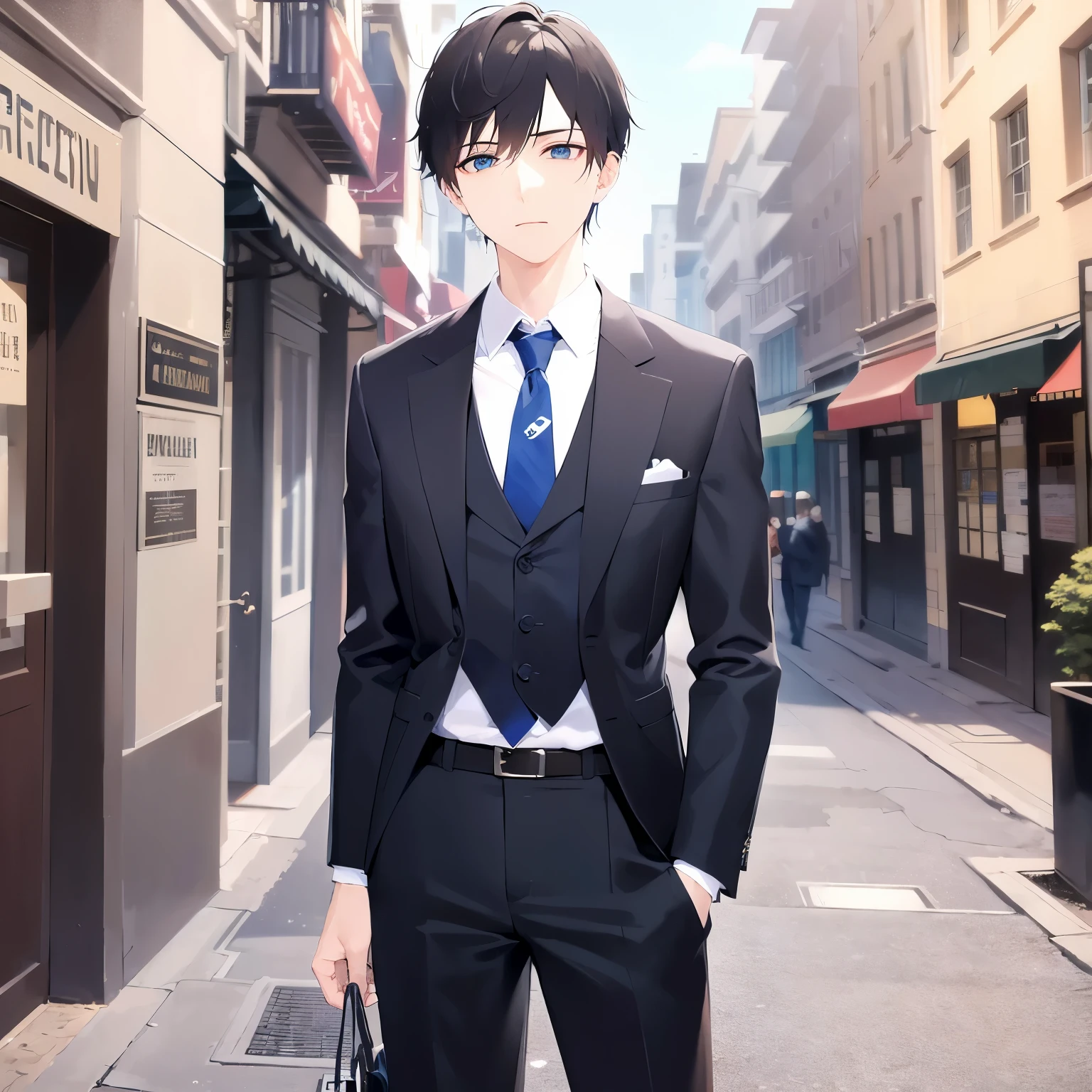 masterpiece、highest quality、(25 year old male:1.5) and (black short hair) and (blue eyes), wearing a suit、wearing a white shirt、Wearing a blue tie、sad, The background is a shopping street、(Alone:1.5)、Are standing、